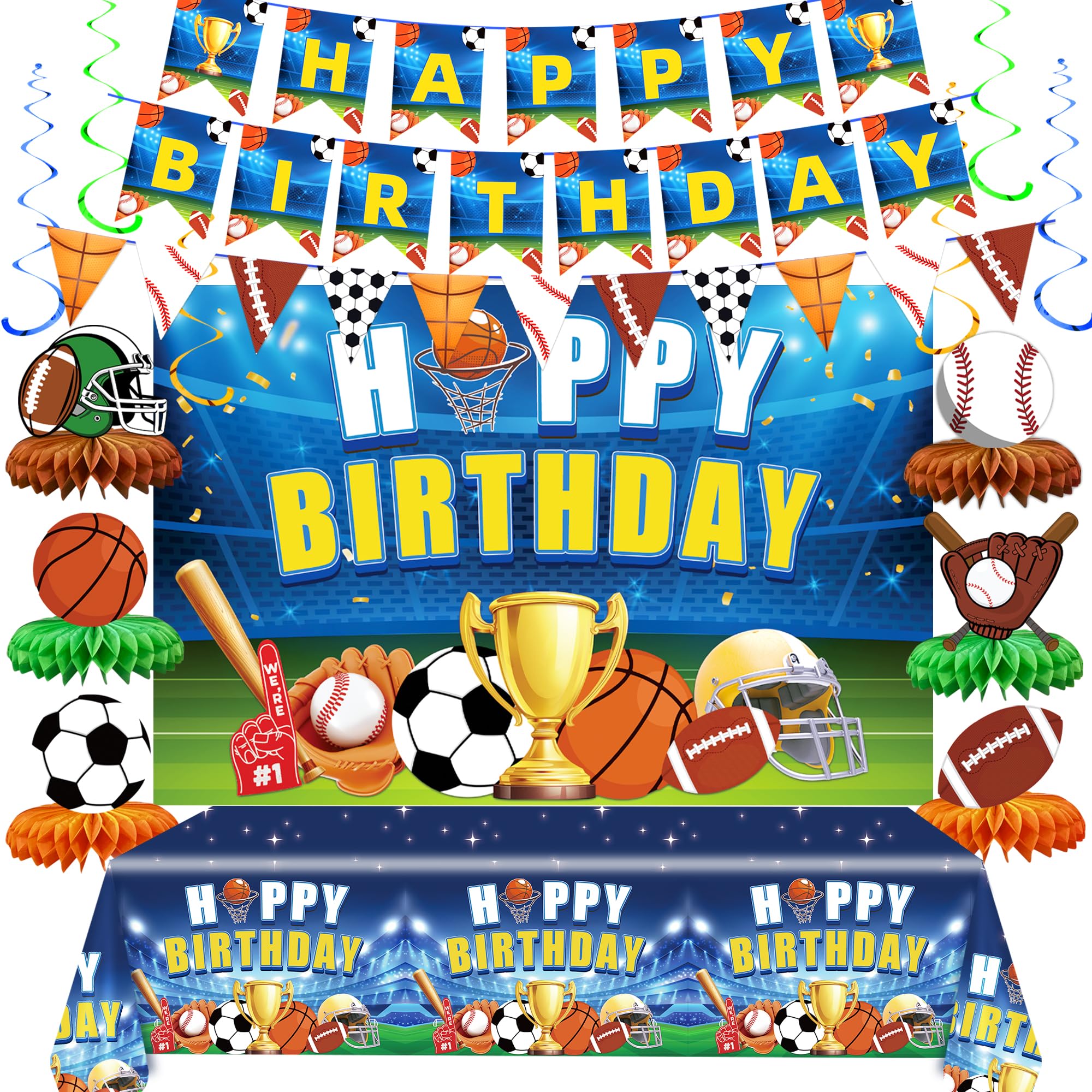 Sports Birthday Party Decorations Set, All-in-One Sports Theme Party Supplies with Birthday Backdrop, Happy Birthday Banner, Hanging Swirls, Honeycomb
