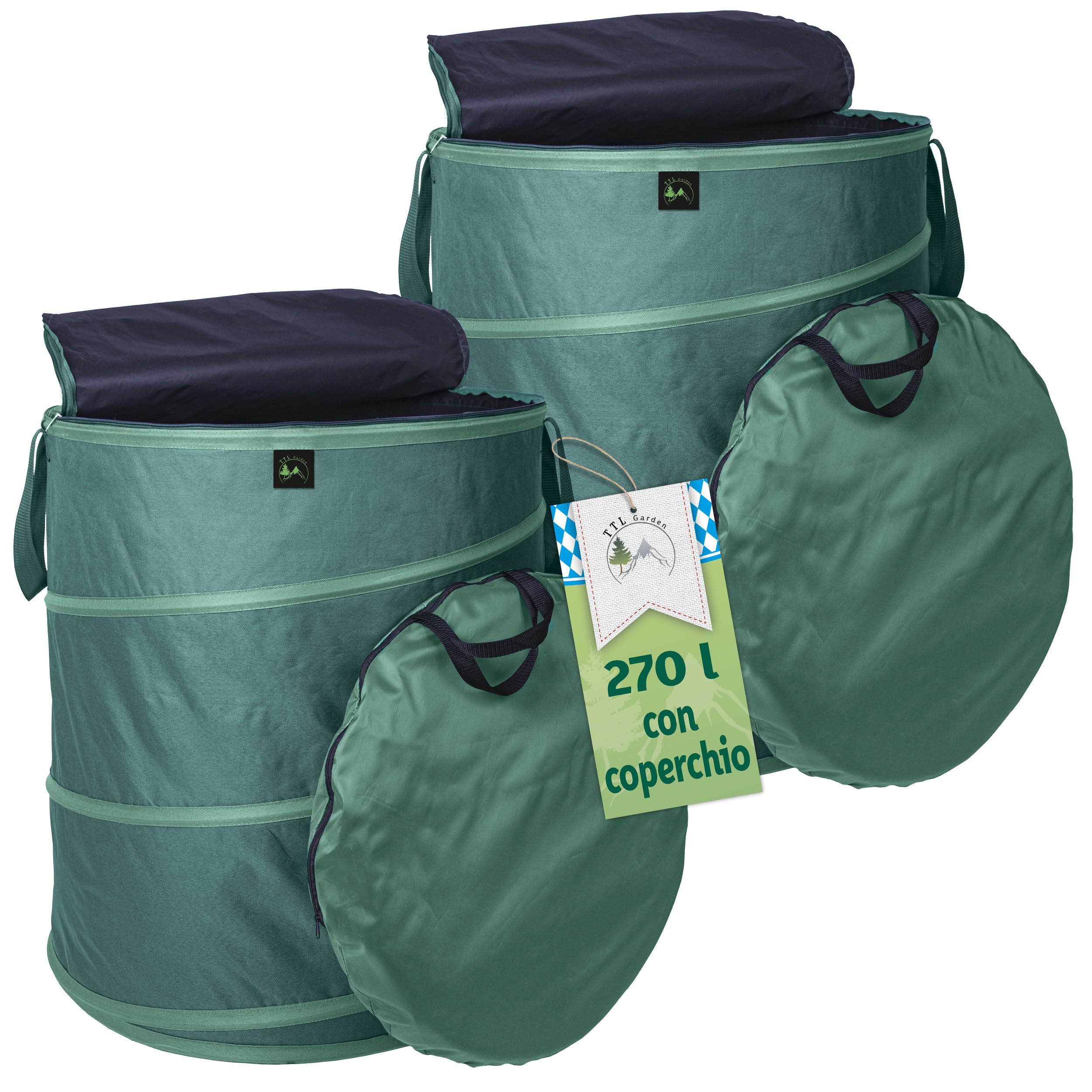 TTL GARDEN 2 sacchi da giardino Pop Up Deluxe da 270 l, con coperchio, 220 gsm, 600D, Oxford, set da 2 pezzi, 270 litri, pieghevoli, grandi e stabili – Sacco per foglie, per taglio verde, giardino