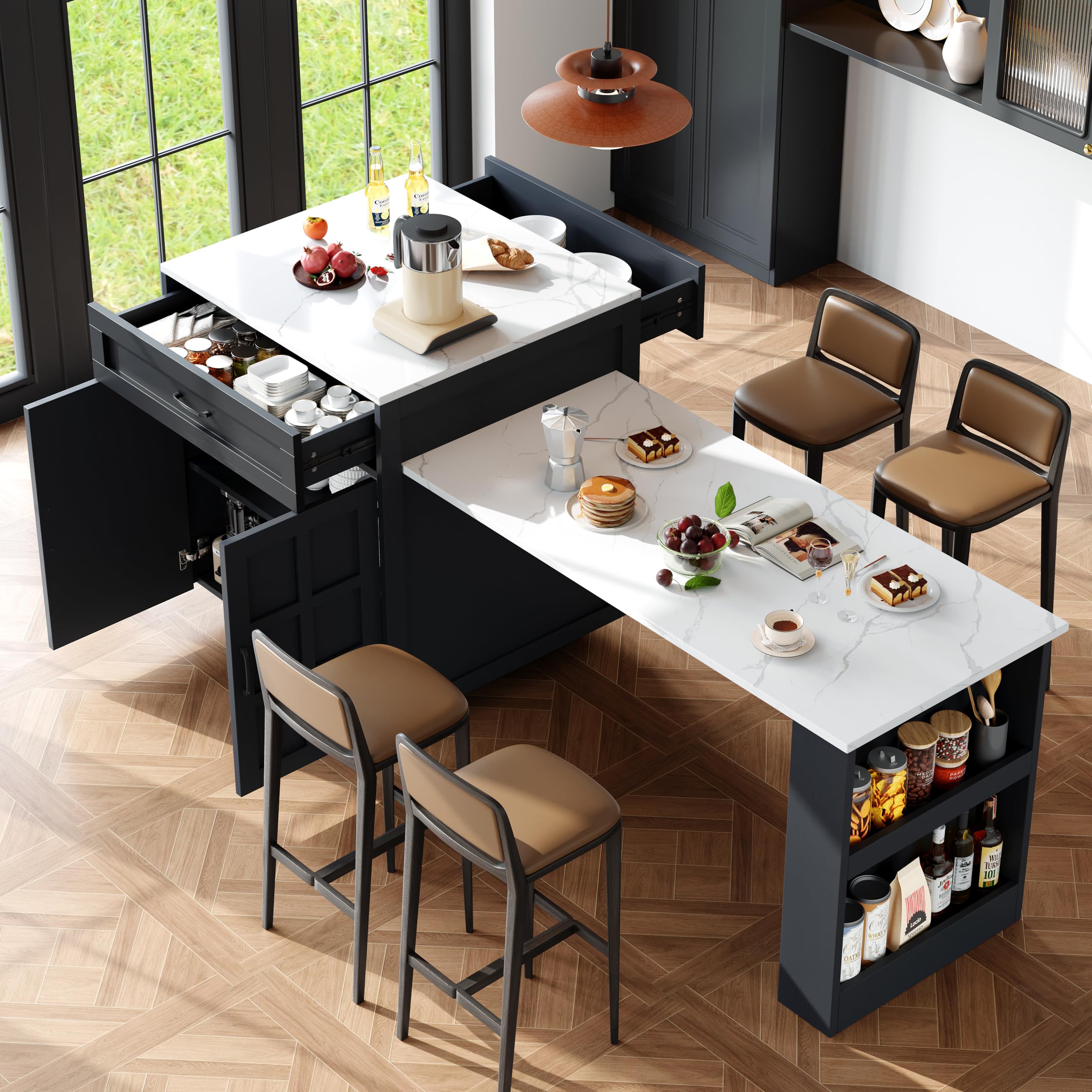 BTM Modern Kitchen Island Table with Storage Cabinet for 4-6 People Extendable Dining Breakfast Bar Table with Drawers, Shelves Black