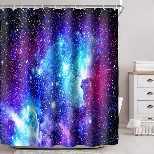 Miniatura 8 de Riyidecor Cortina de ducha con diseño de galaxia para decoración de baño, 72 pulgadas de ancho x 72 pulgadas de alto, nebulosa, universo, planetas