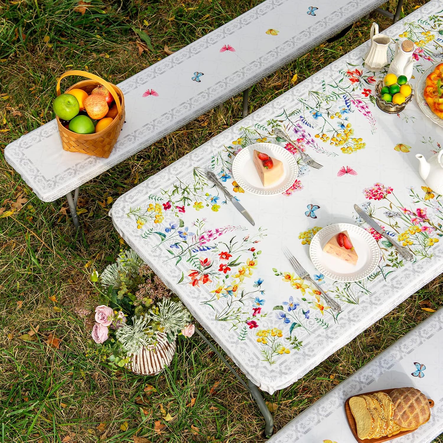 ARTABLE Picnic Table Cover Bench Covers Spring Summer Elastic Edges Fitted Rectangle 6 Foot Tables Round Waterproof for Camping Trip Patio Table (Flower, 3PCS Set(30X72Inch+2PCS 12X72 Inch))