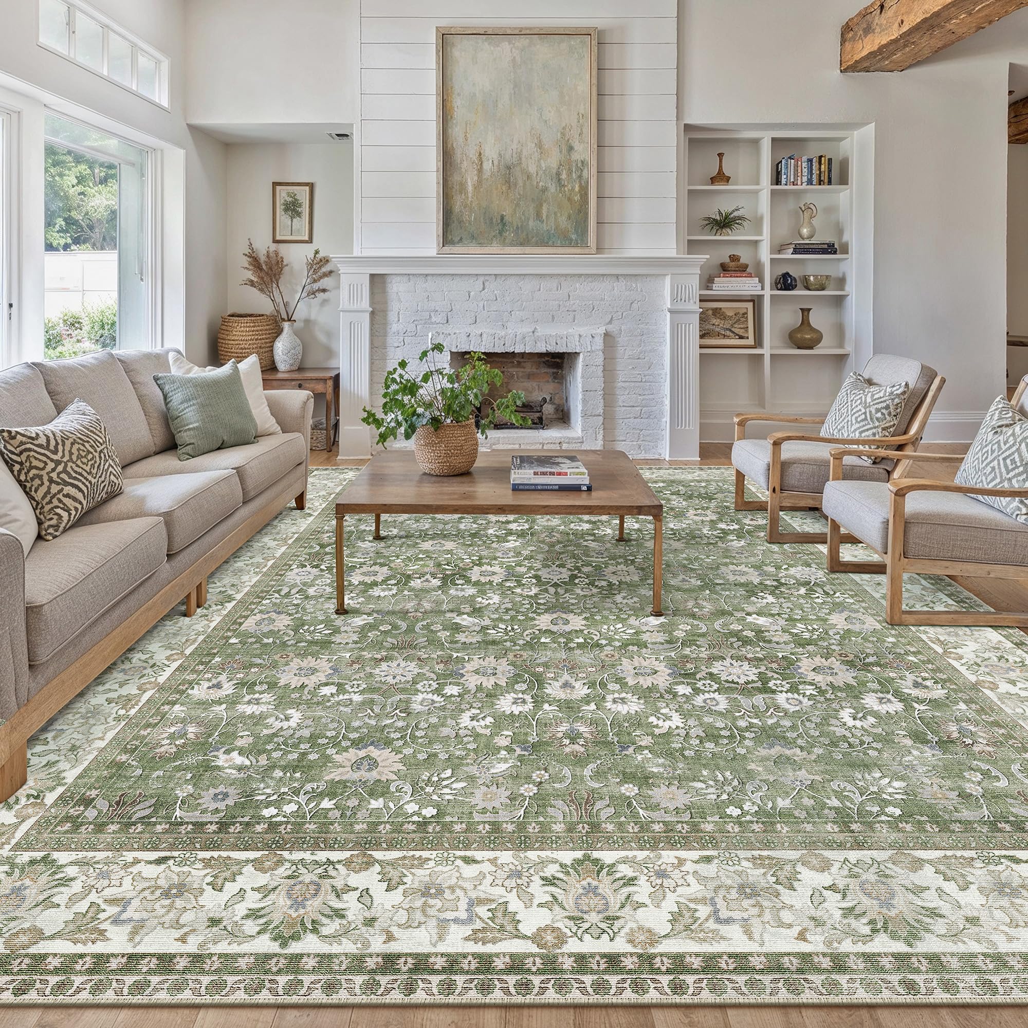 PureCozy Vintage Area Rug Living Room Extra Large 240x300 cm Machine Washable Non Slip XXL Rugs for Kitchen Bedroom Dining Room Home Office, Soft Low Pile Carpet for Indoor Home Decor,Green — image 1