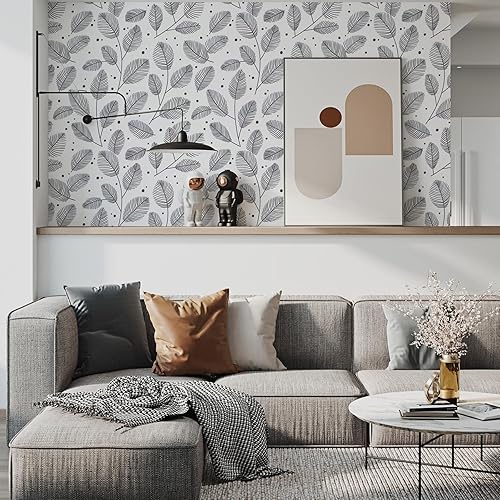 Miniatura 8 de Ismoon Papel tapiz de hojas para despegar y pegar, papel de contacto moderno, papel tapiz grisblanco, papel tapiz extraíble, papel tapiz de rayas de