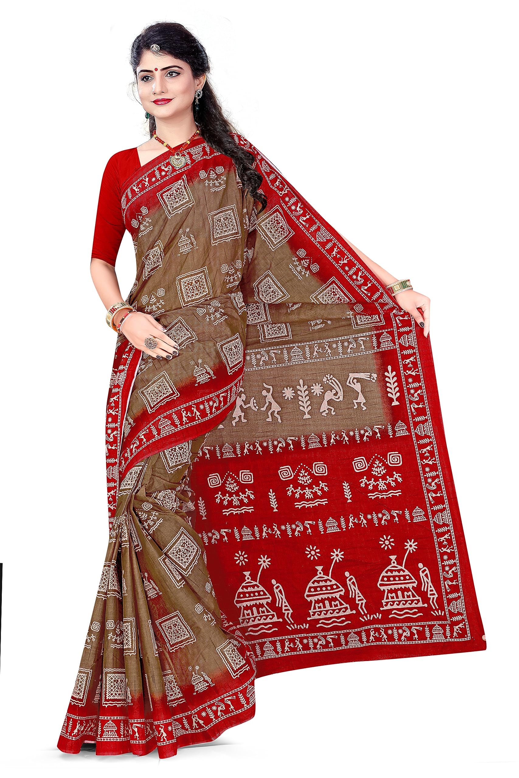 Tamaira Fashion Women's Warli Print Pure Cotton Saree Without Blouse Piece(2467_Coffee)
