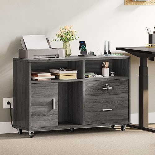 Miniatura 2 de YITAHOME Archivador lateral de madera, gabinete de almacenamiento móvil de 2 cajones, compatible con A4, letra y legal, soporte de impresora con