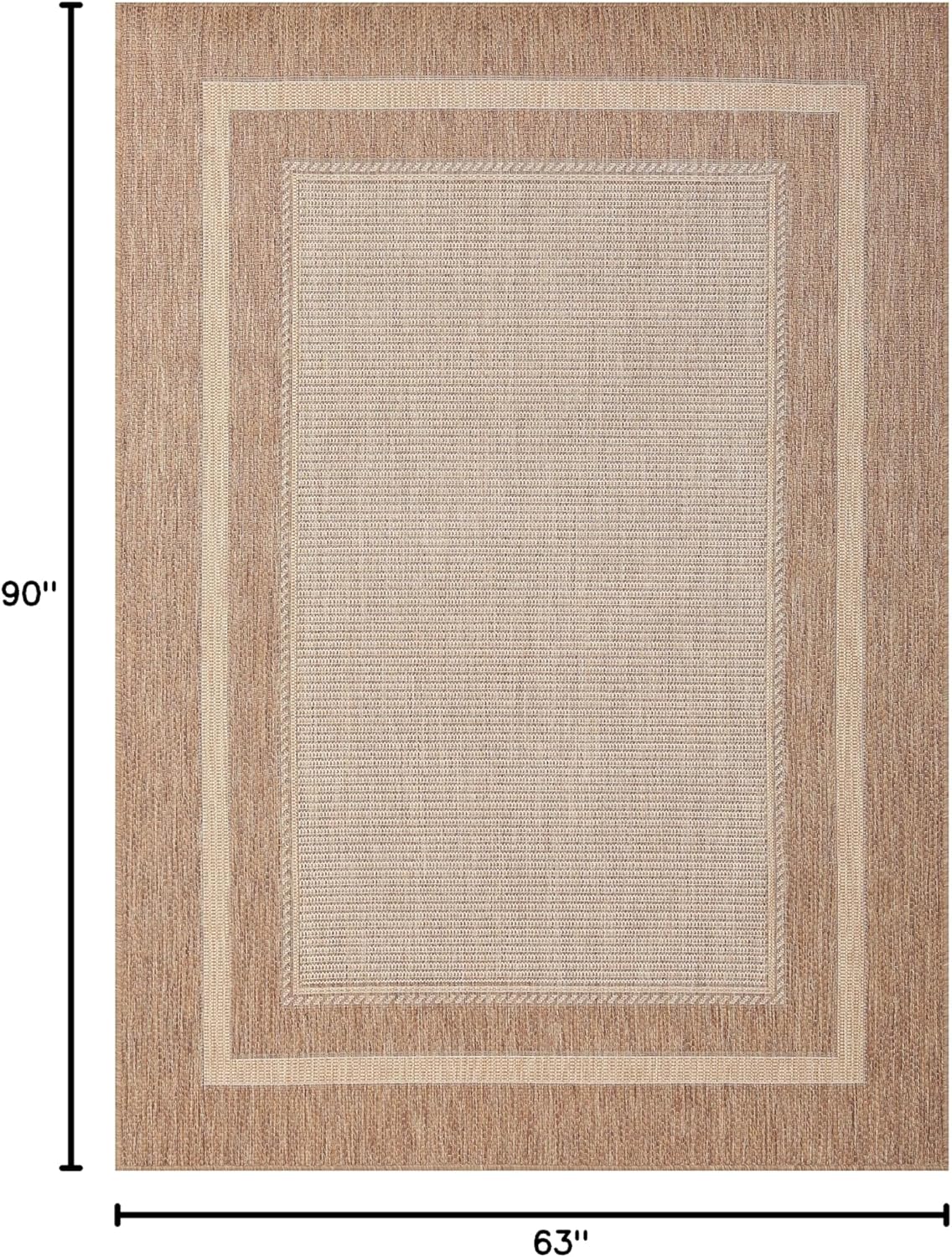 Modern Bordered Indoor Outdoor Area Rug Weather Resistant Outdoor Carpet for Porch Deck Balcony Backyard Patio Rug 5x8 Beige, Brown