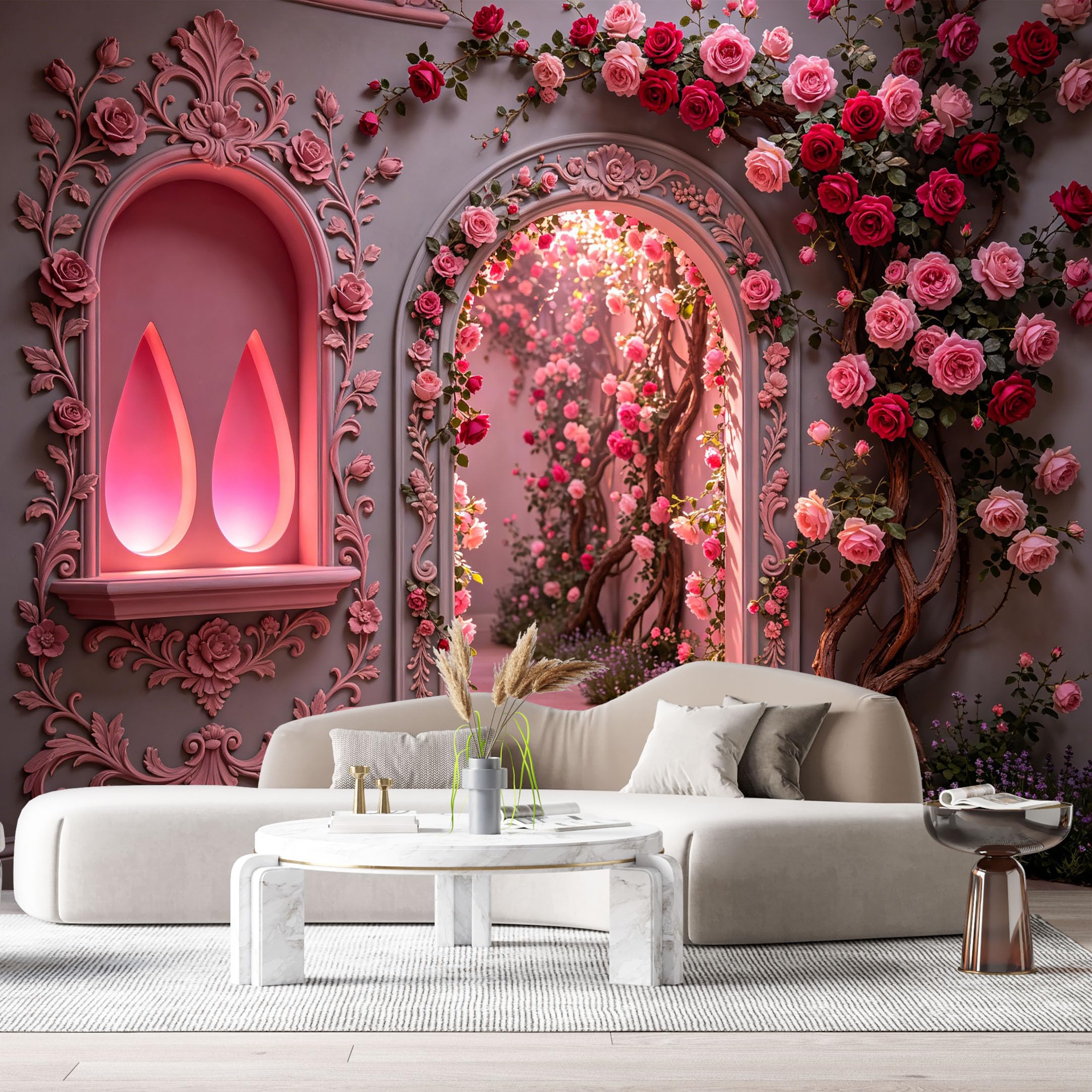 Custom Size Wall Murals Surreal Fantasy Archway Roses Botanical 3D Trompe L'Oeil SelfAdhesiveWall Fabric Removable Wallpaper Wall Decor for Living Room Bedroom Bathroom