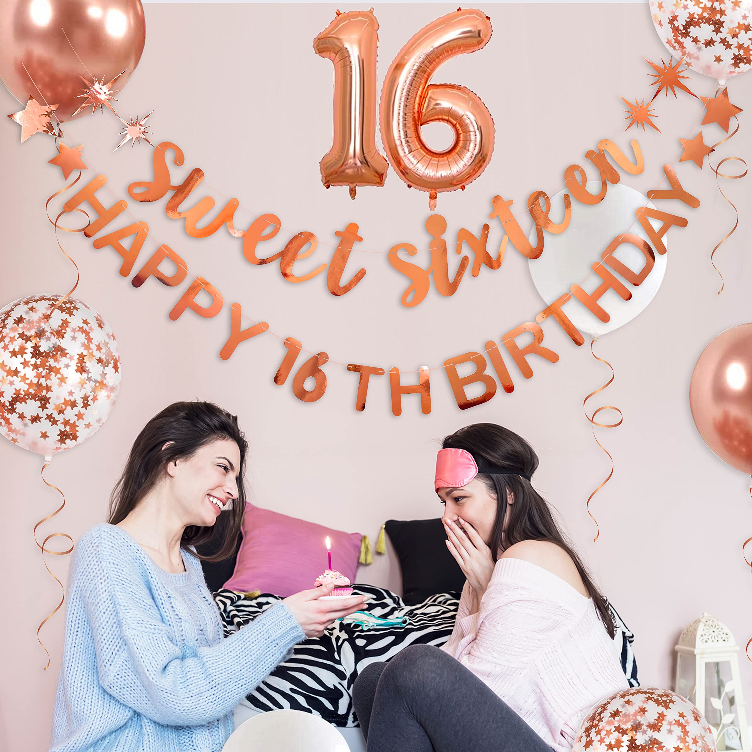 Rose Gold Glitter Sweet 16 Banner - Happy 16th Birthday Bunting Decorations With Pre-Cut Letters - View #9