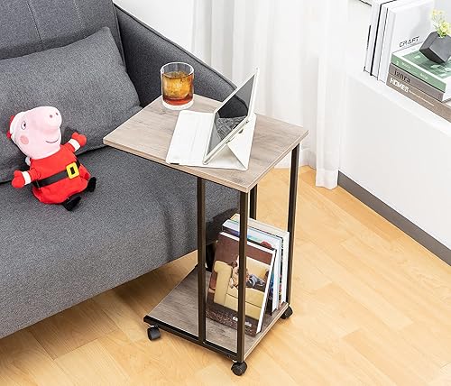 Miniatura 22 de JJS Mesa lateral C para sofá, sala de estar, mesa de aperitivos que se desliza debajo para espacios pequeños, roble/blanco blanco (Oak/White),Marrón