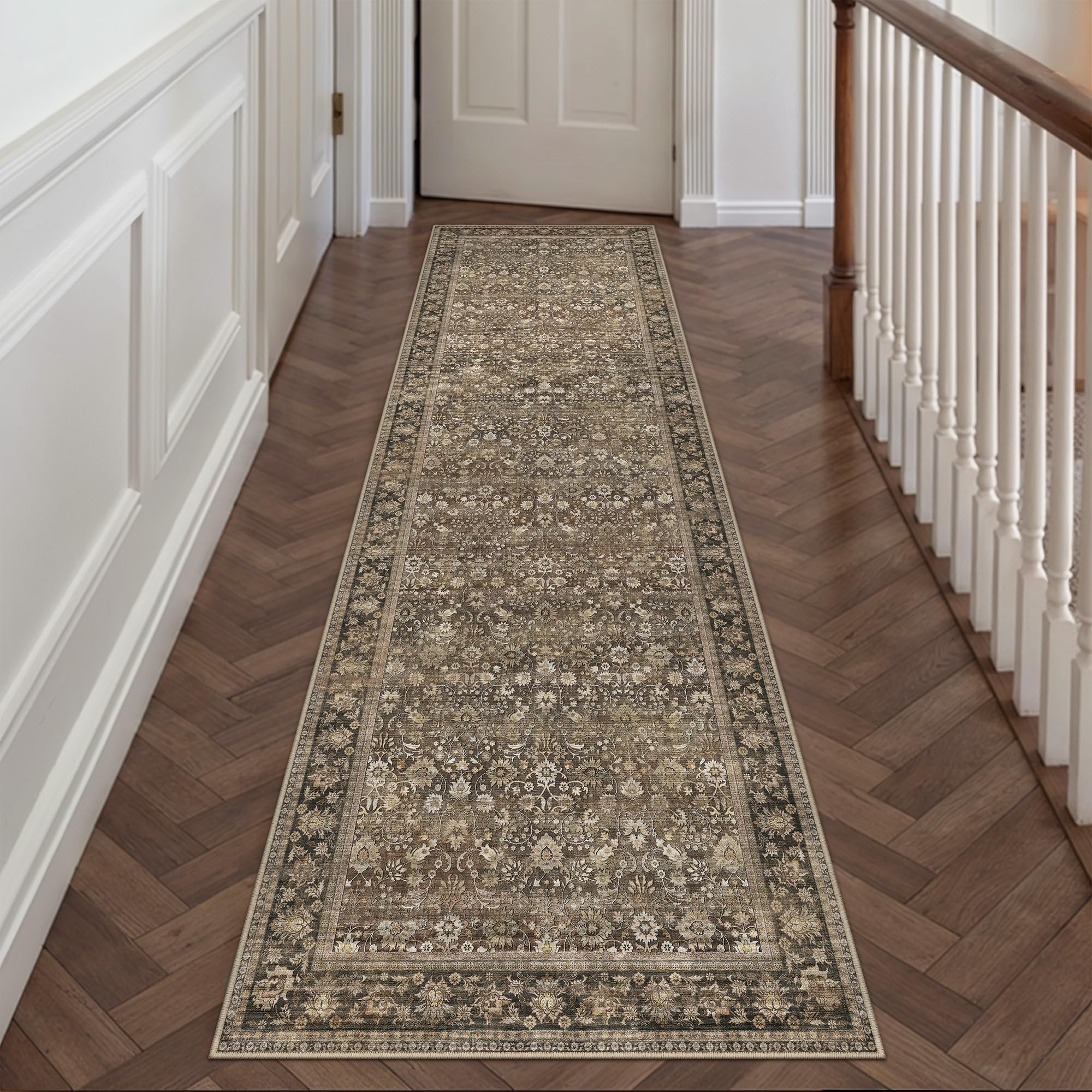 hugear 2x10 runner rug machine washable brown hallway area rug indoor accent rug floral low pile carpet soft throw rug bedroom living room office dining room kitchen laundry room non slip