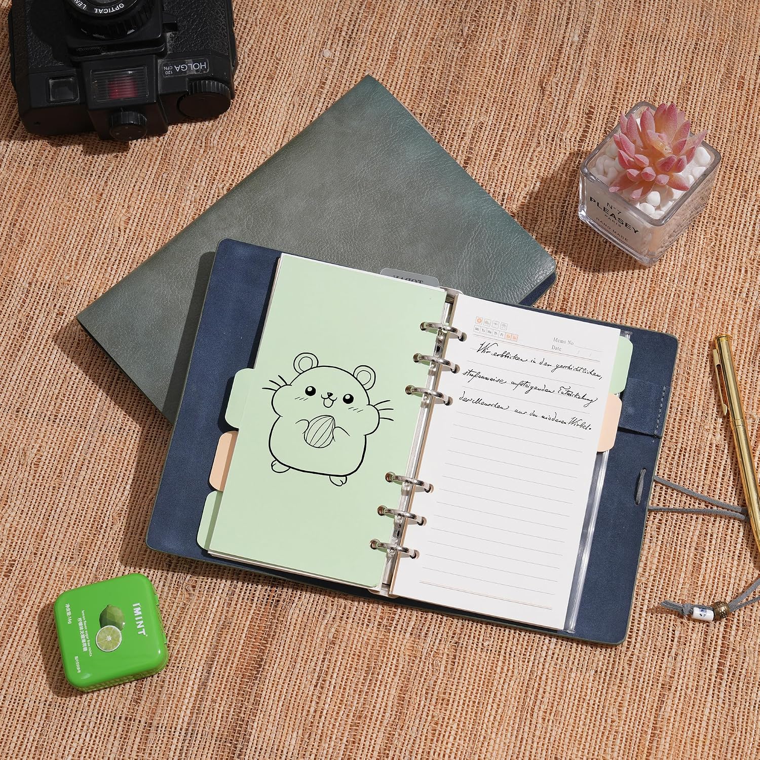  Leather Journal Lined Paper Notebook & Pen - Refillable 6 Ring Binder Writing Spiral Diary with Ruled Notepads Vintage Cover for Office Travel Work and Plan Agenda (a-Green, A6) thumbnail
