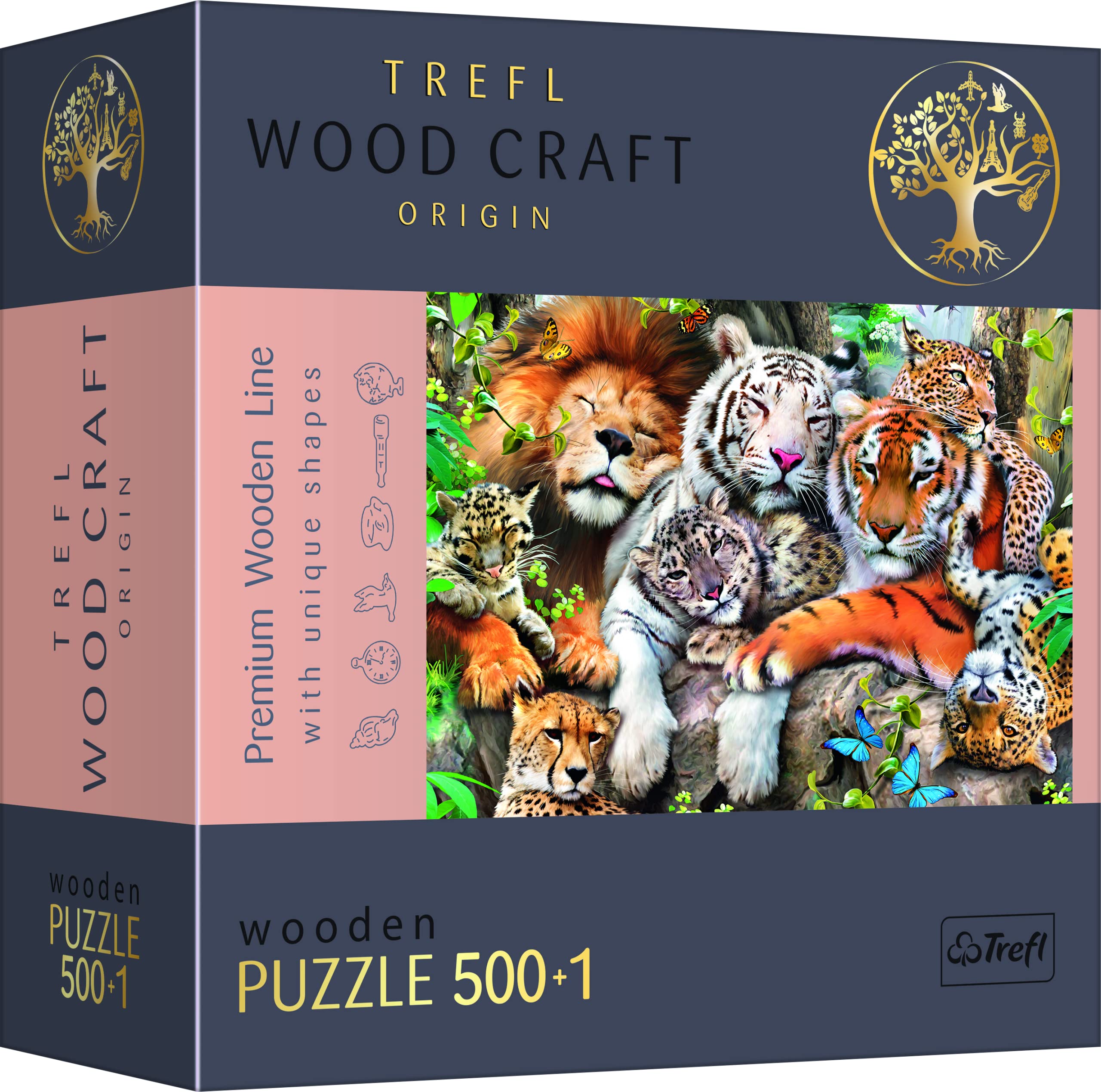 Trefl WoodCraft, Puzzle in legno, gatti selvatici nella giungla - 500 + 1 elementi, artigianato ligneo, forme irregolari, 50 figure di animali, moderno puzzle premium, fai da te