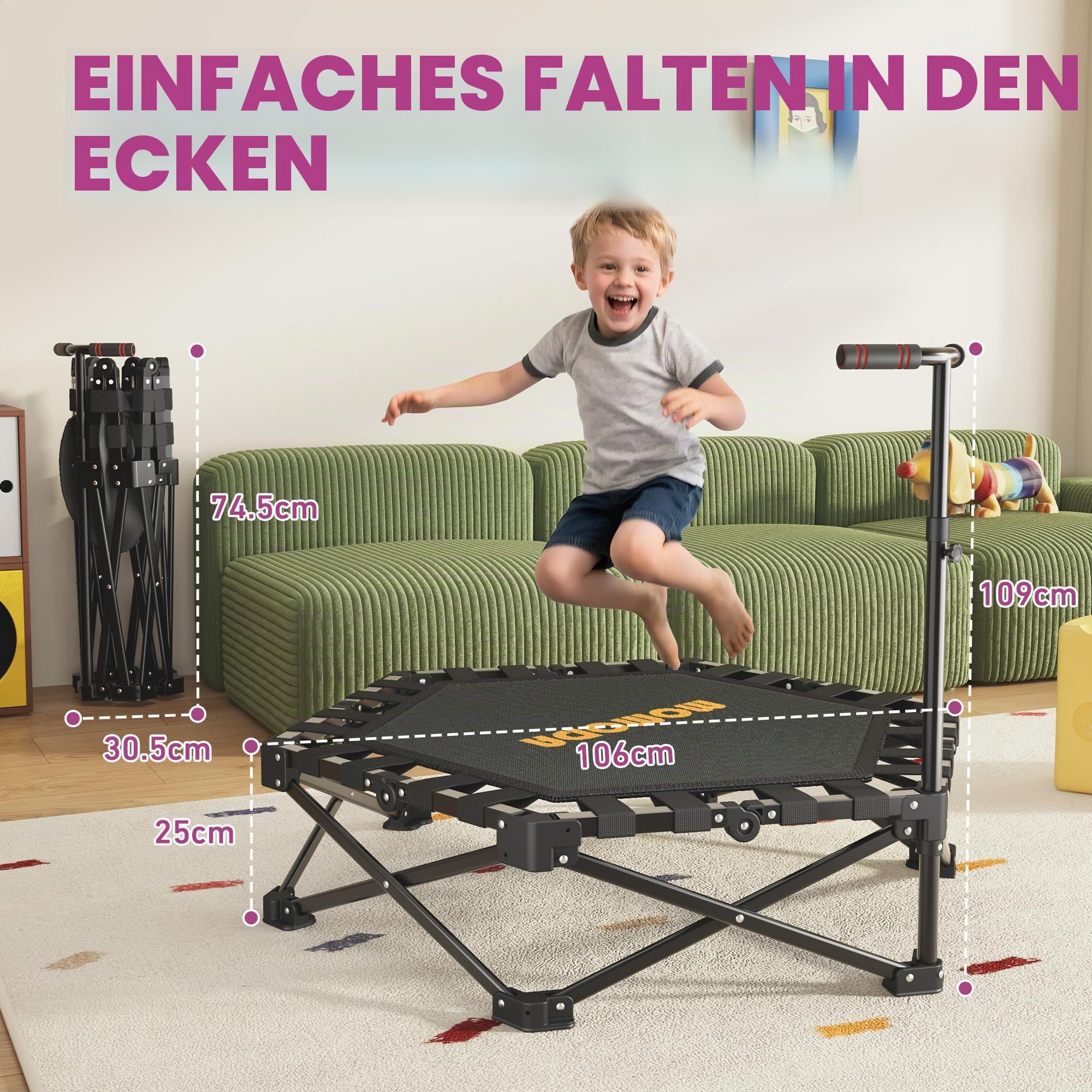 MOMODA Klappbar Fitness Trampolin Indoor mit Griff, Keine Installation Rebounder für Kinder und Erwachsene, Durchmesser 106 cm