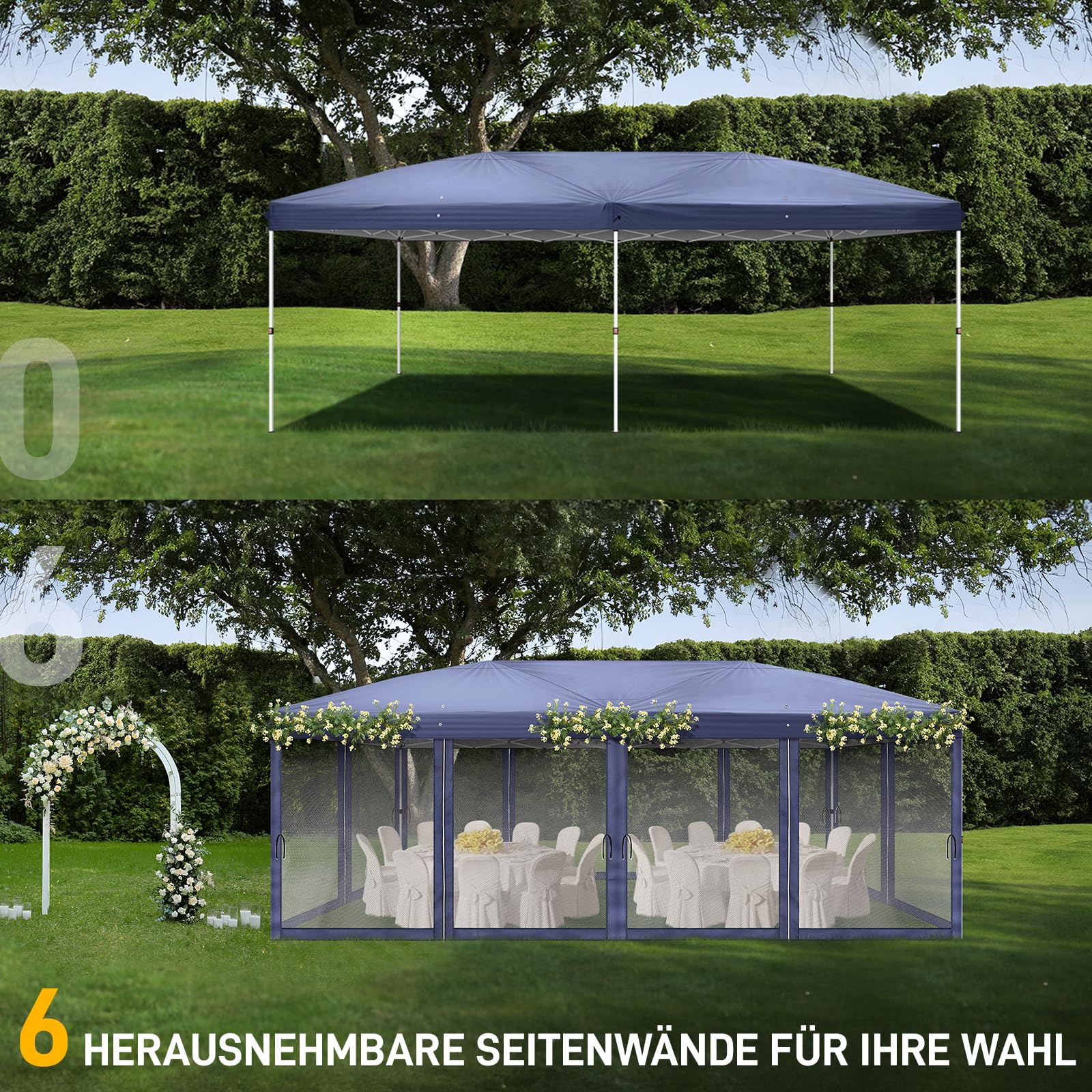 LEADZM - Carpa plegable 3 x 6 m - Impermeable - Protección UV 50+ - Ajustable en altura con 6 mosquiteros - Estable - Ideal para jardín, terraza, camping y uso comercial - Azul