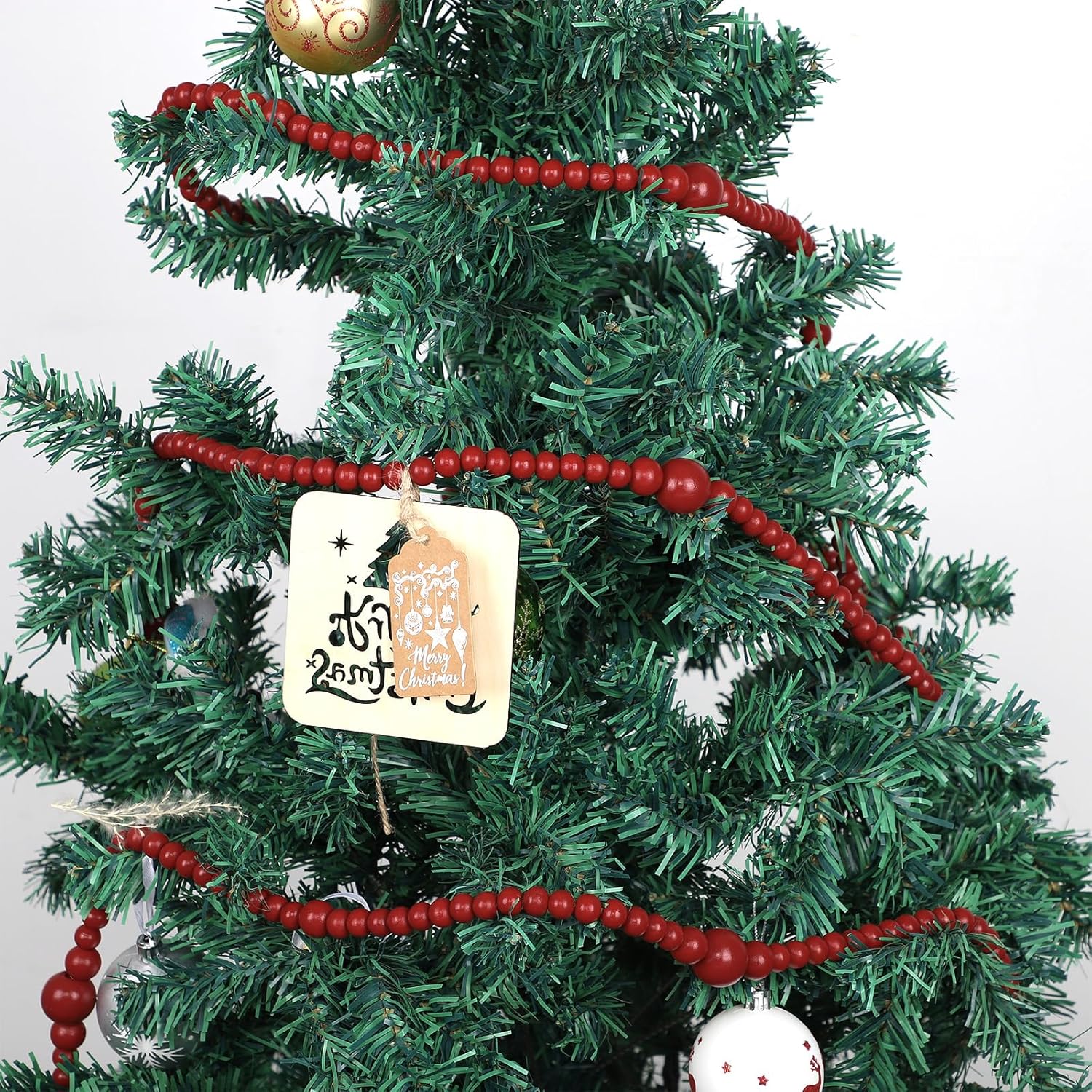 Wood Bead Garland and Vintage Sign for Christmas Home Decoration, 12ft Wood Bead Farmhouse Wall Decoration, Red Berry Garland for Christmas Tree Decoration with Wooden Sign - Image 7