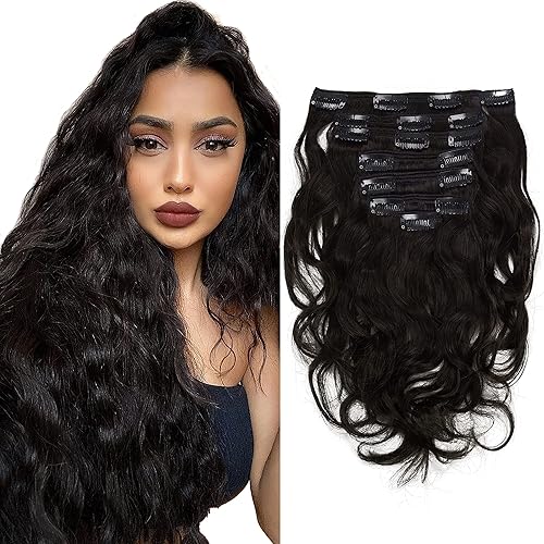 Anrosa Wavy Curl Clip in Hair Extensions Full Head 14inch Natural Wave Real Remy Human Hair Extensions 120gram #1B Off Natural Black Color Brazilian Hair 7 Pieces with 17 Clips Per Set