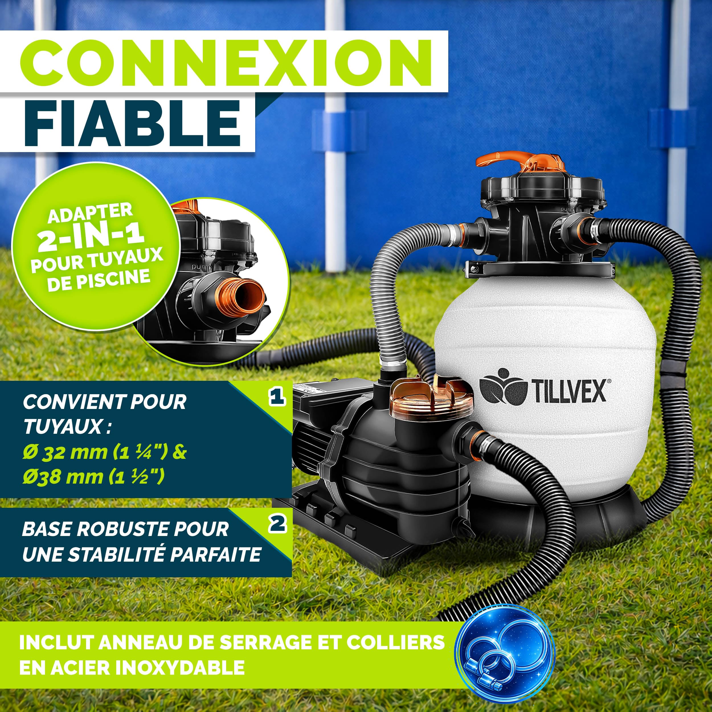 tillvex® Système de Filtre à Sable 13 200L/h jusqu'à 40 000L + 1200g Boules Filtre | 7 Fonctions de Filtration & Adaptateur 2en1 Ø32-38mm | Filtre piscine avec indicateur de pression (Blanc/Orange)
