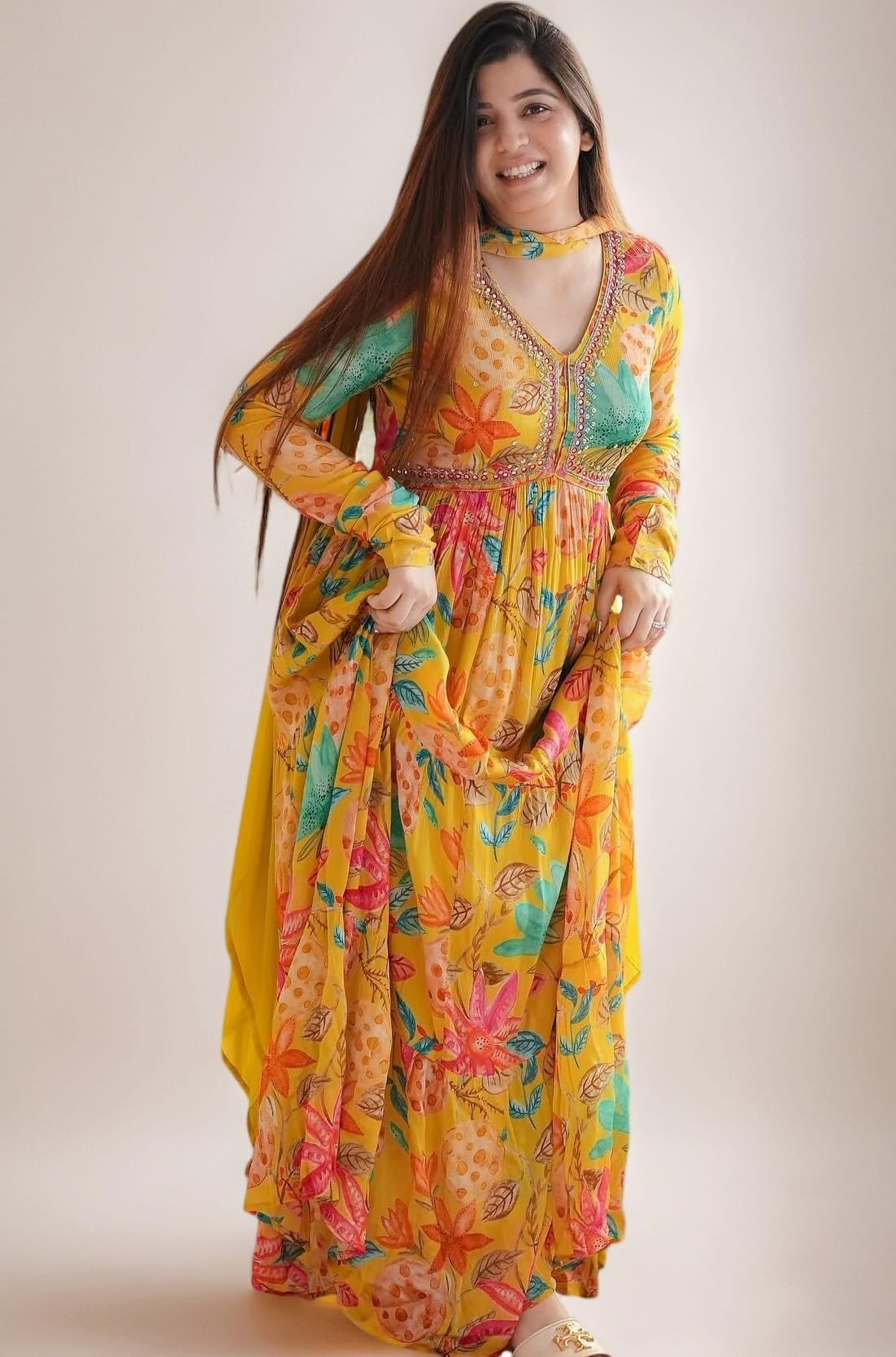 KD Georgette Women's Anarkali Floral Printed Kurta Pant Set with Dupatta Kurta Kurti for Women