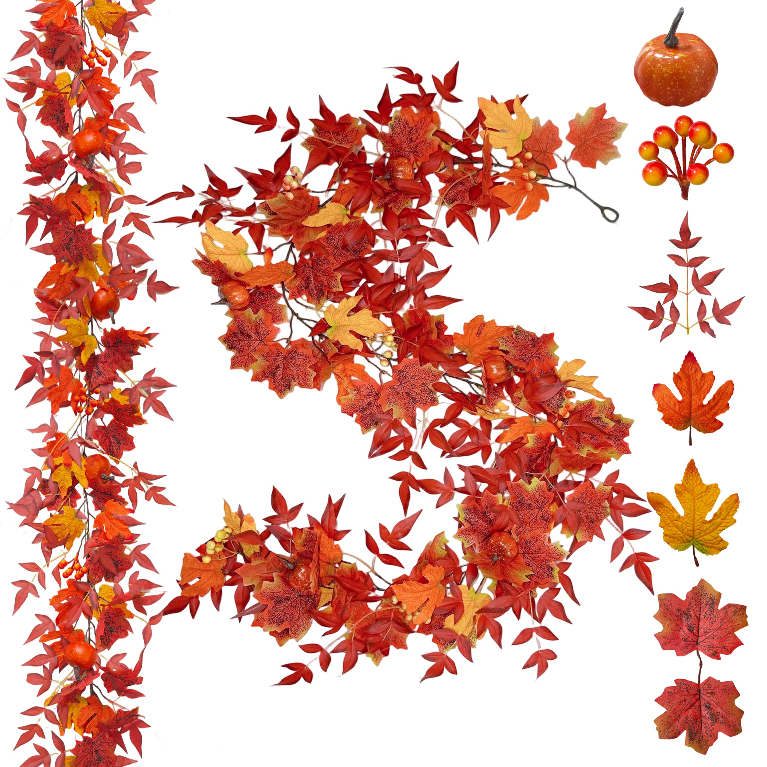 Herbstgirlande Blätter185cm Ahornblätter Herbst Deko Girlande Hänged | Beeren Ahornblätter Herbstblätter Girlande mit Kürbis rote Bambus Blätter Herbstdeko Innen Draußen Halloween Erntedankfest