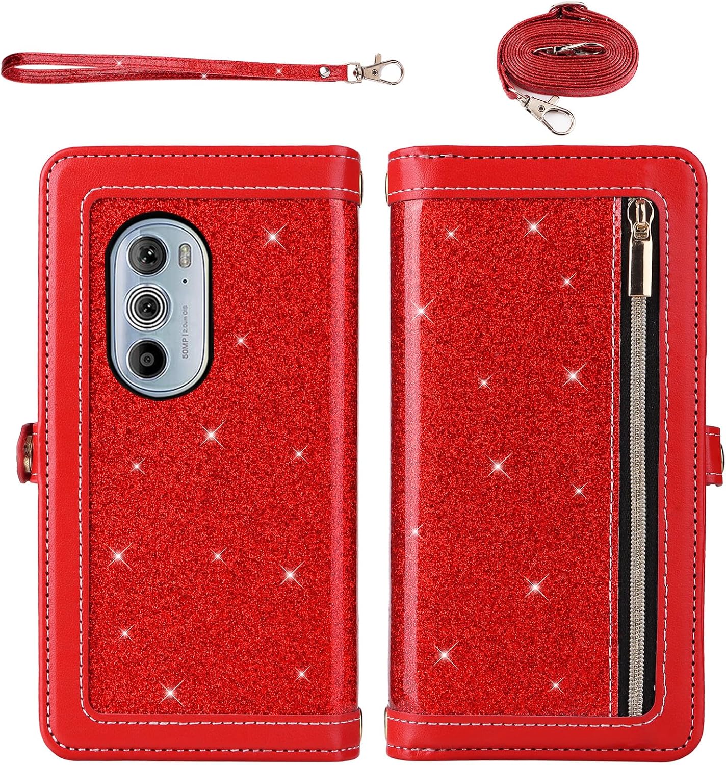 Asuwish Phone Case for Motorola Edge+ Plus 2022/Edge X30/30 Pro Zipper Wallet Cell Cover with Tempered Glass Screen Protector Lanyard Strap Bling Glitter Flip Card Holder Moto Edge + 5G UW Women Red