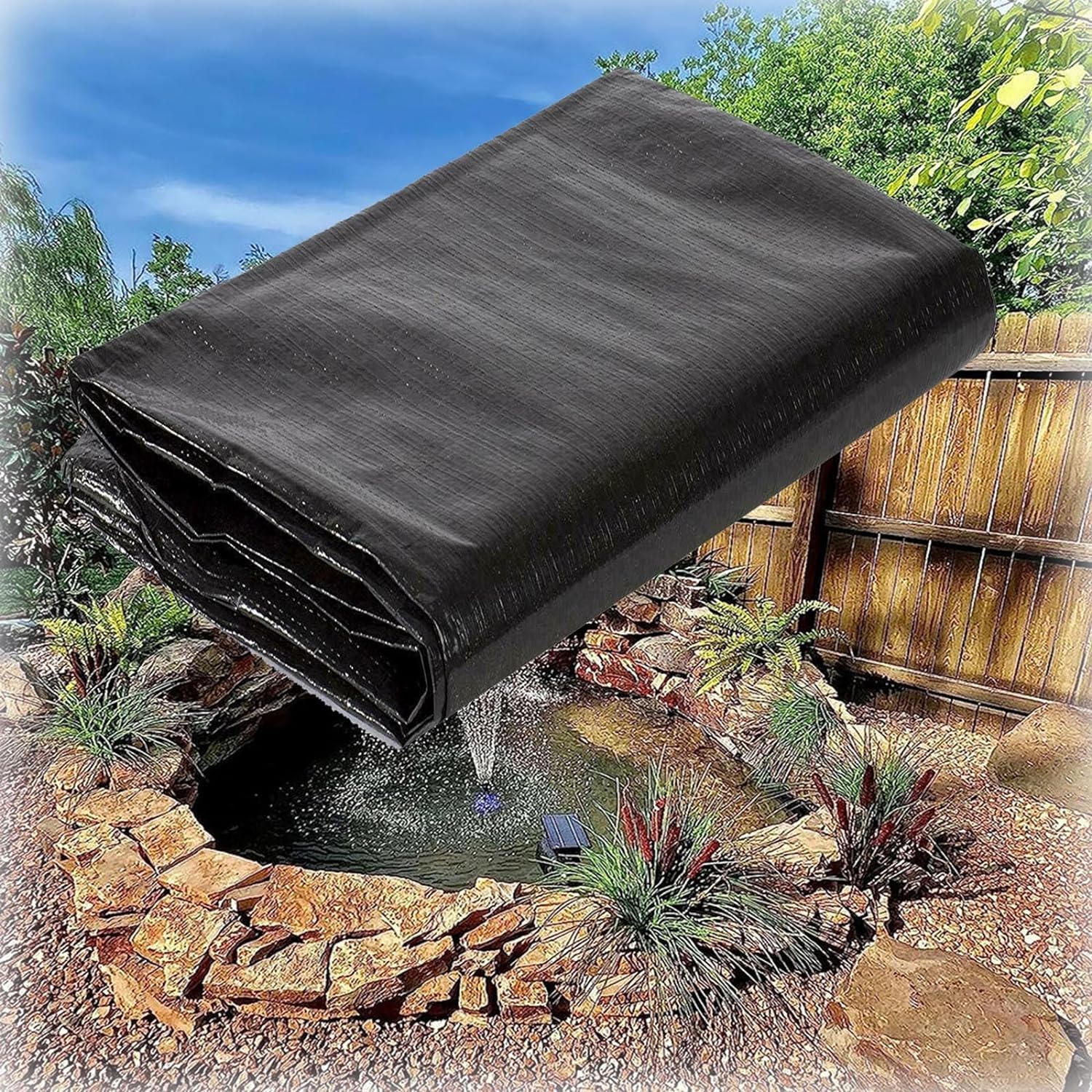 Rivestimento per laghetto resistente, 6 x 6 m, membrana nera resistente agli strappi, per stagni di pesci, cascate, fontane all'aperto, barriera impermeabile e durevole, ideale per giardini e giardini