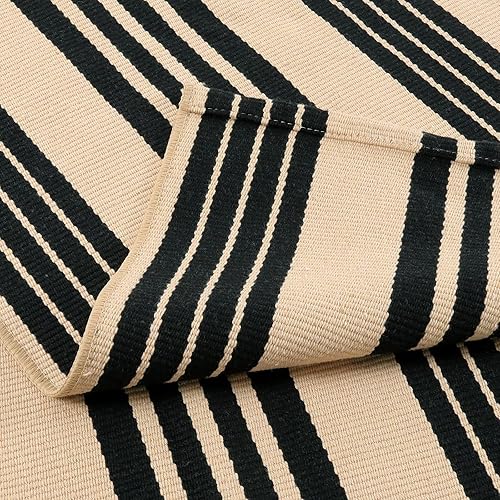 Vista 45 de Alfombra de exterior a rayas blancas y negras, 3 x 5 pies, de algodón, moderna, tejida a mano, reversible, alfombra de patio lavable en capas para 1