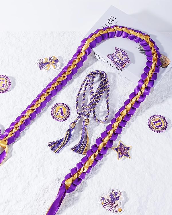 MOIZYNG Class of 2026 Graduation Leis and Cords, Purple Gold Braided Ribbon Leis with Glitter Grad Patches, Graduation Gift for High School College Bachelor Master Graduates by MOIZYNG - Used condition - Image 5