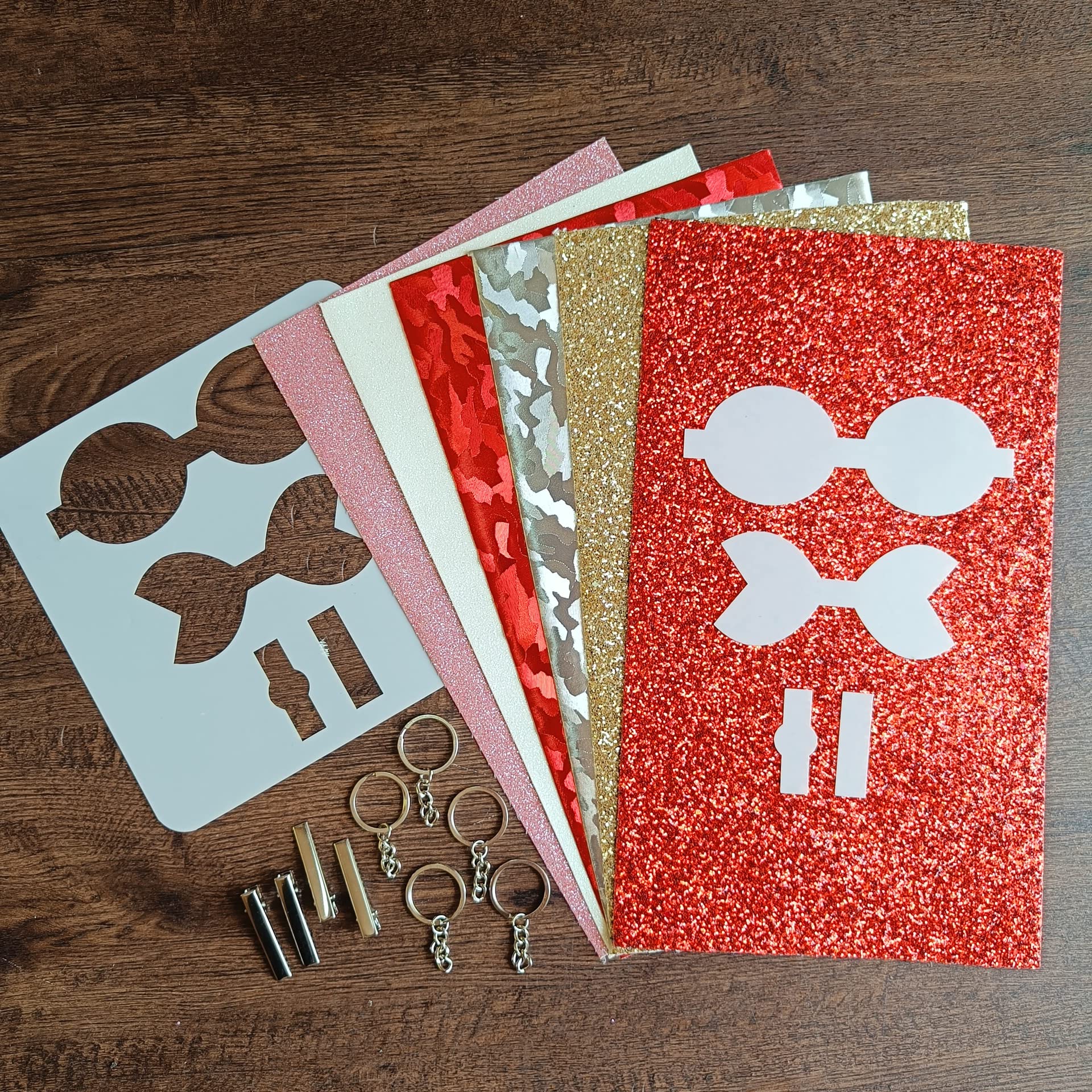 Get Inspired Glitter Fabric PU Leather Fabric Sheet for Craft DIY 26 PCS Bow Making, Purse Making or Decoration kit with Templates, Clips & Key Rings BMK24-image-16