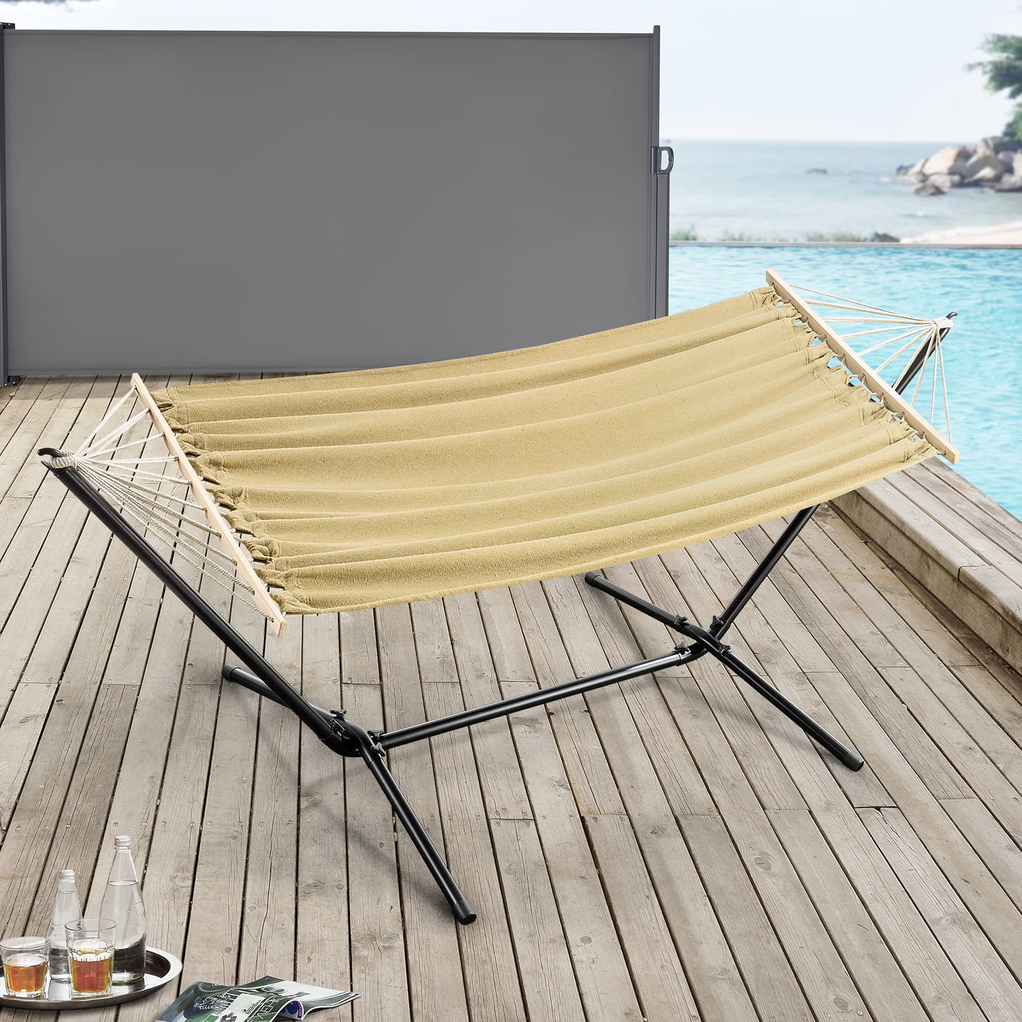 [en.casa] Amaca con Supporto in Acciaio da Esterno e Interno Telo 200 x 100 cm Carico Max. 120 kg Telaio Resistente con Asta Distanziatrice Tessuto Beige