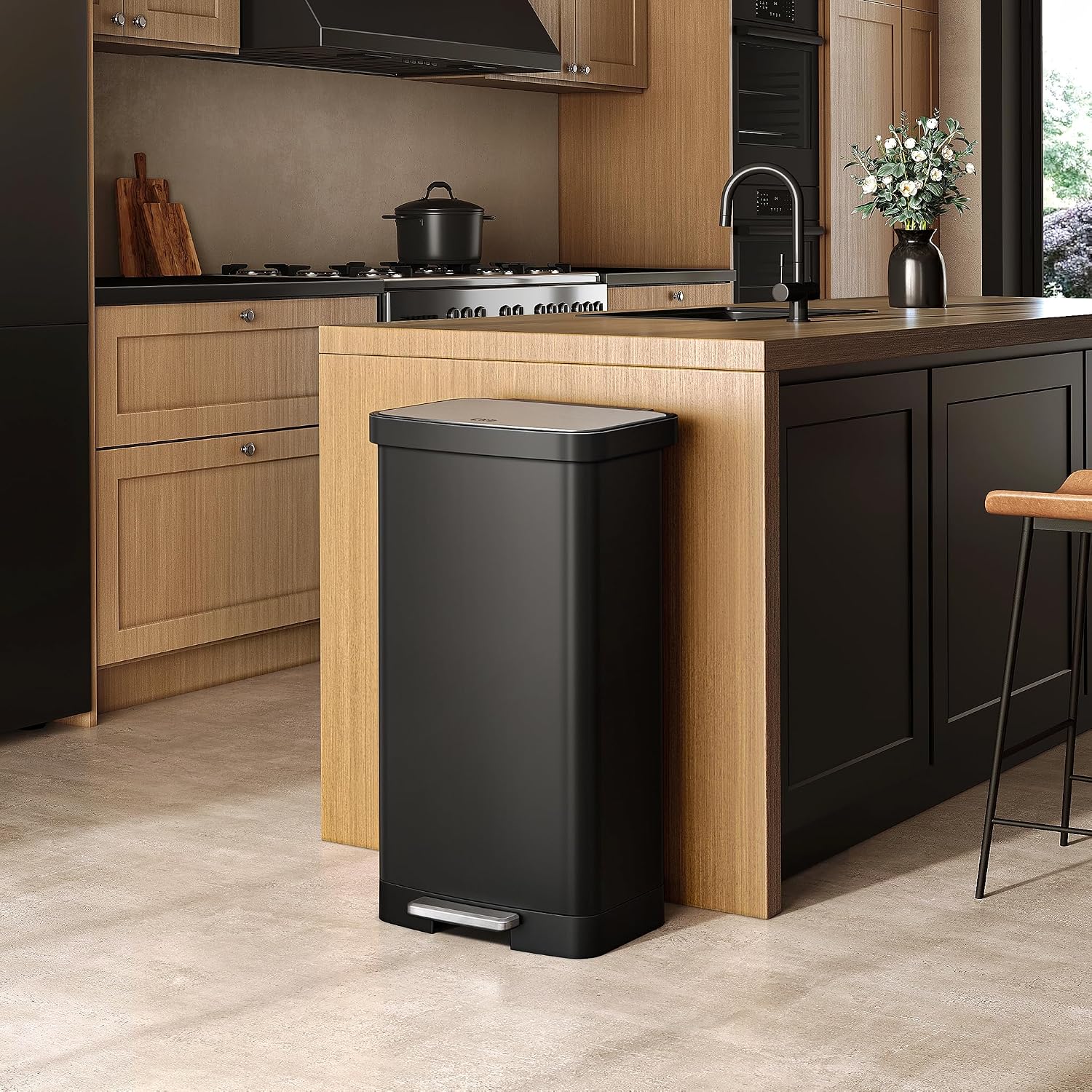 EKO Hudson Matte Stainless Steel 75 Liter/20 Gallon Large Kitchen Trash Can, Tall Step Garbage Can with Rear Bag Storage Compartment (Matte Black) image 3