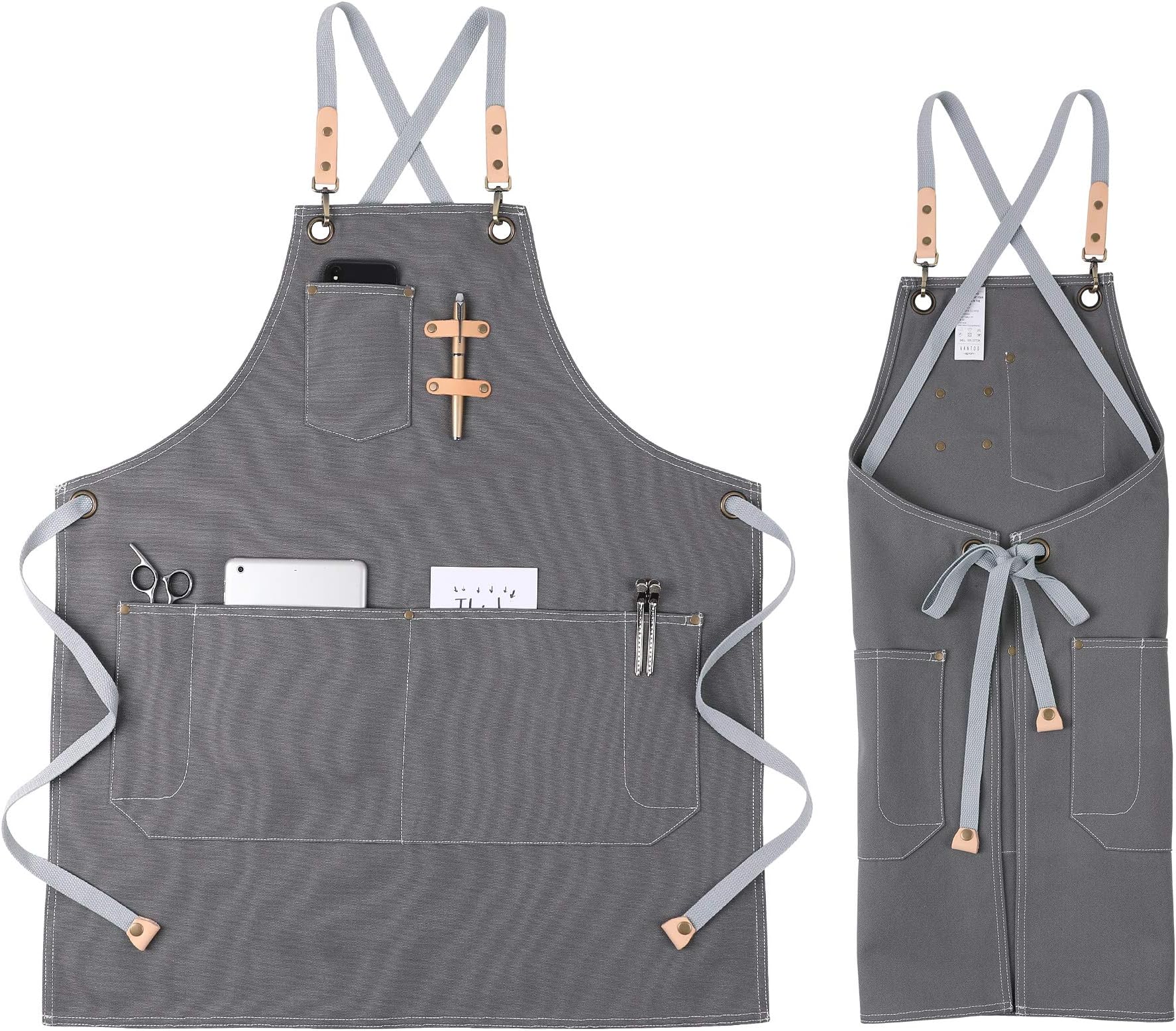 VANTOO Canvas Apron with Pockets for Men Women, Artist Painting Kitchen Cooking Chef Apron (Grey 44)