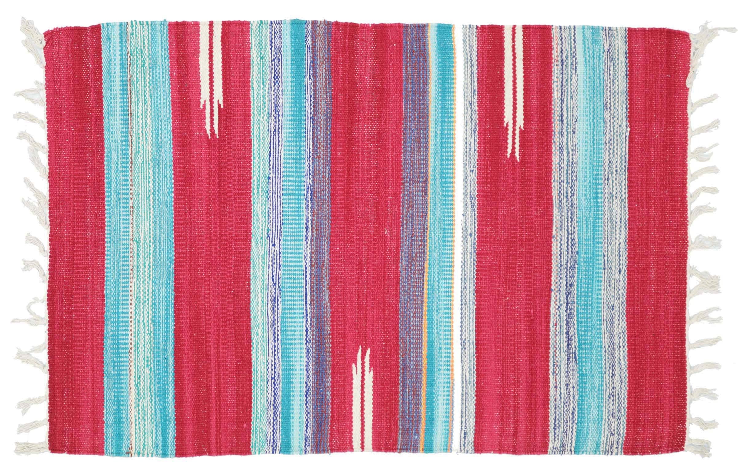 Tapis Kilim multicolore 60 x 90 cm tissé main en coton avec franges pour salon