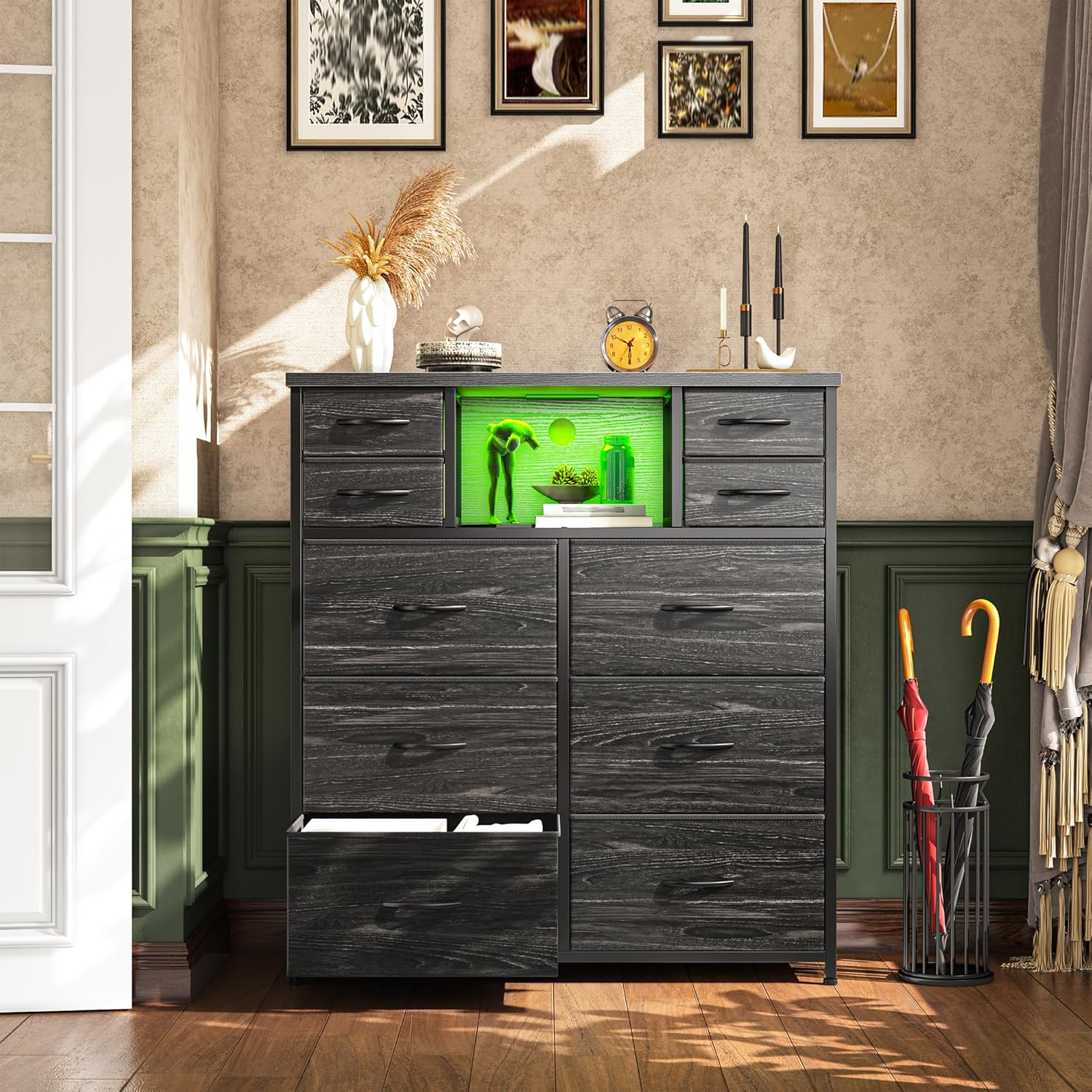 Dresser for Bedroom with 10 Drawers Featuring LED Light and Power Outlet, Fabric Dressers & Chest of Drawers with Open Shelves for Hallway, Living Room, Metal Frame,Wood Top,Grain Black - Image 2
