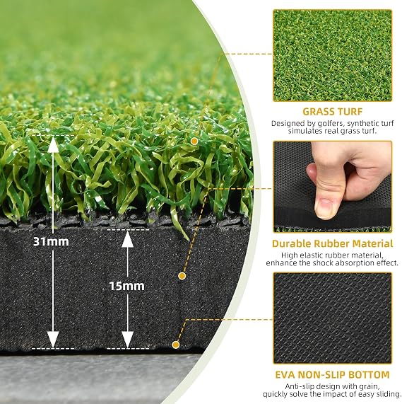 Shopsource 5x4ft Golf Hitting Mat, Thickened 21mm/31mm/36mm Artificial Turf Golf Practice Mats for Indoor Outdoor Backyard Driving Swing Training with 9 PU Balls, 3 Rubber Tees, 7 Tees
