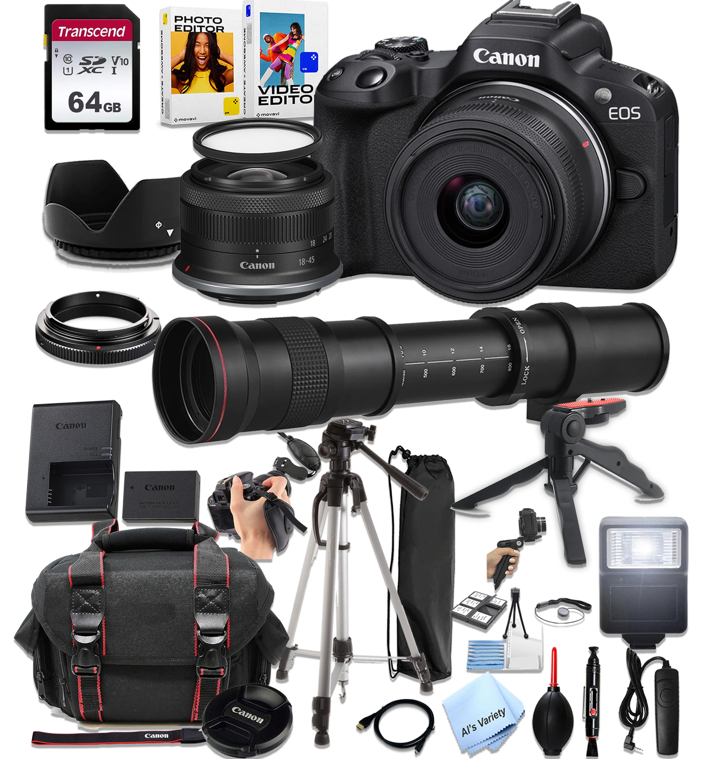 Canon EOS R50 Mirrorless Camera with 18-45mm and 55-210mm Lenses + 420-800mm Super Telephoto Lens + 64GB Memory, Filters,Case, Tripod, Flash, and More (28pc Bundle)