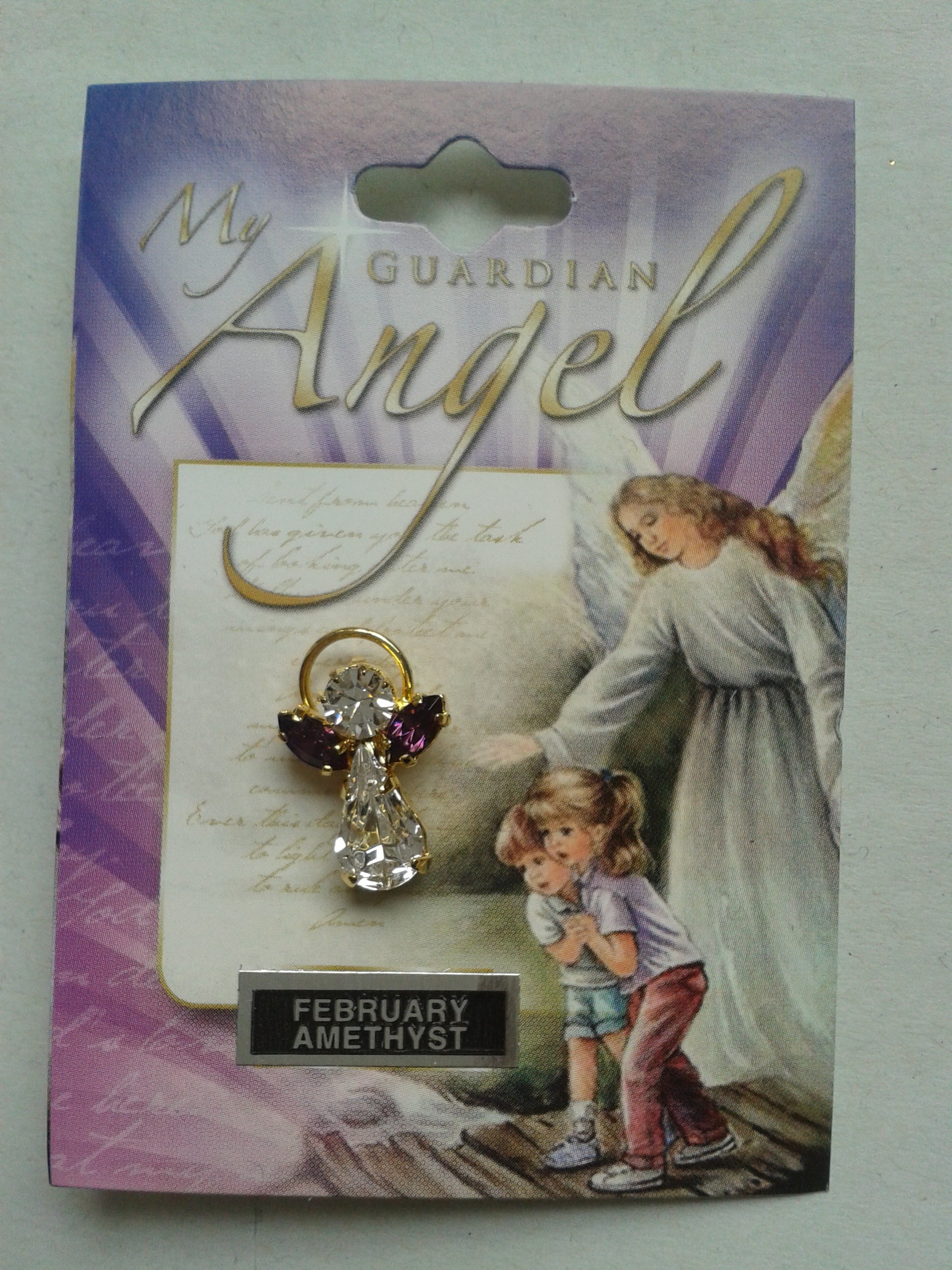 Loving Jesus GUARDIAN ANGEL PIN BIRTHSTONE 1 1/2 FEBRUARY AMETHYST