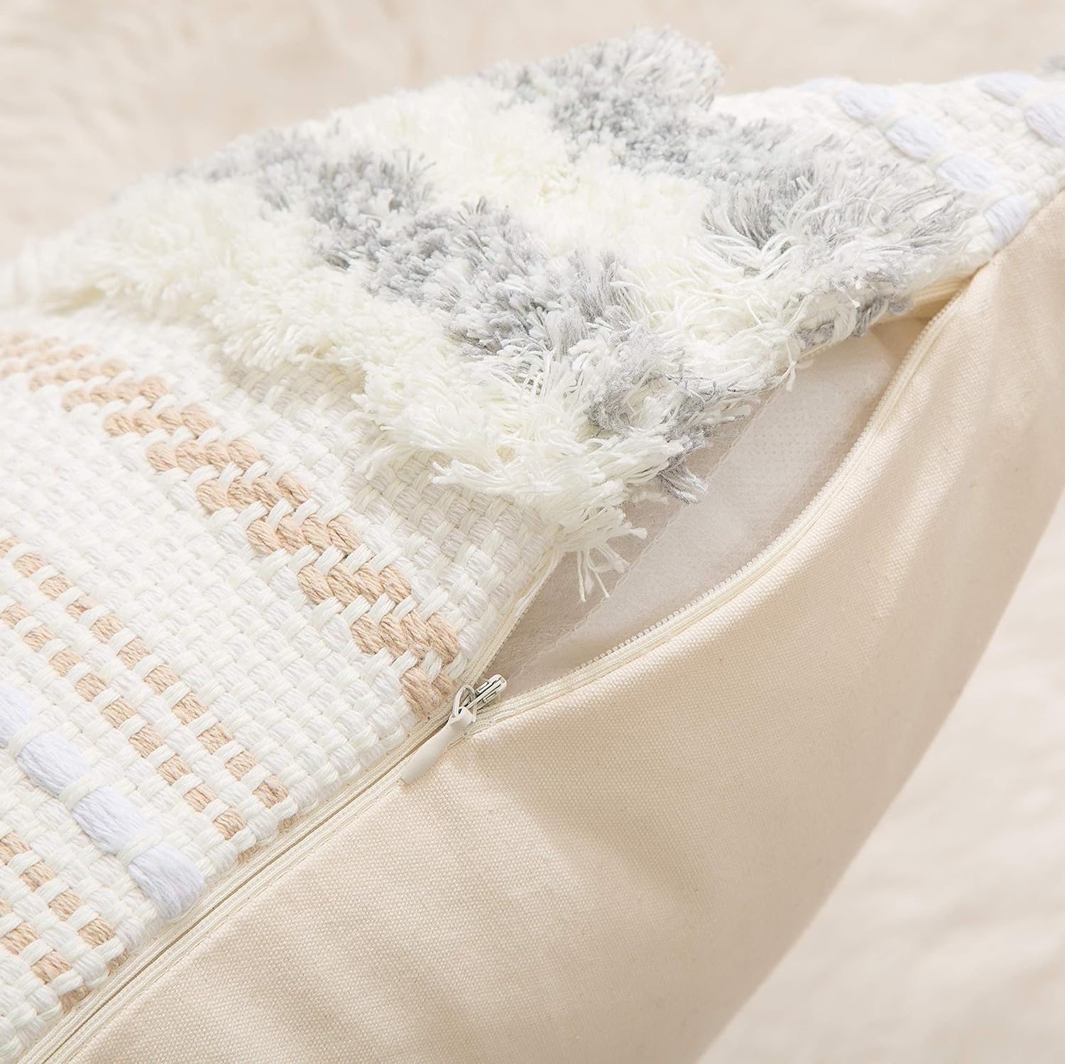 decorUhome Set of 2 Boho Decorative Throw Pillow Covers for Bed Bedroom Neutral Accent Cushion Cover Tufted Woven Pillow Case, 20x20, Grey and White : Home & Kitchen