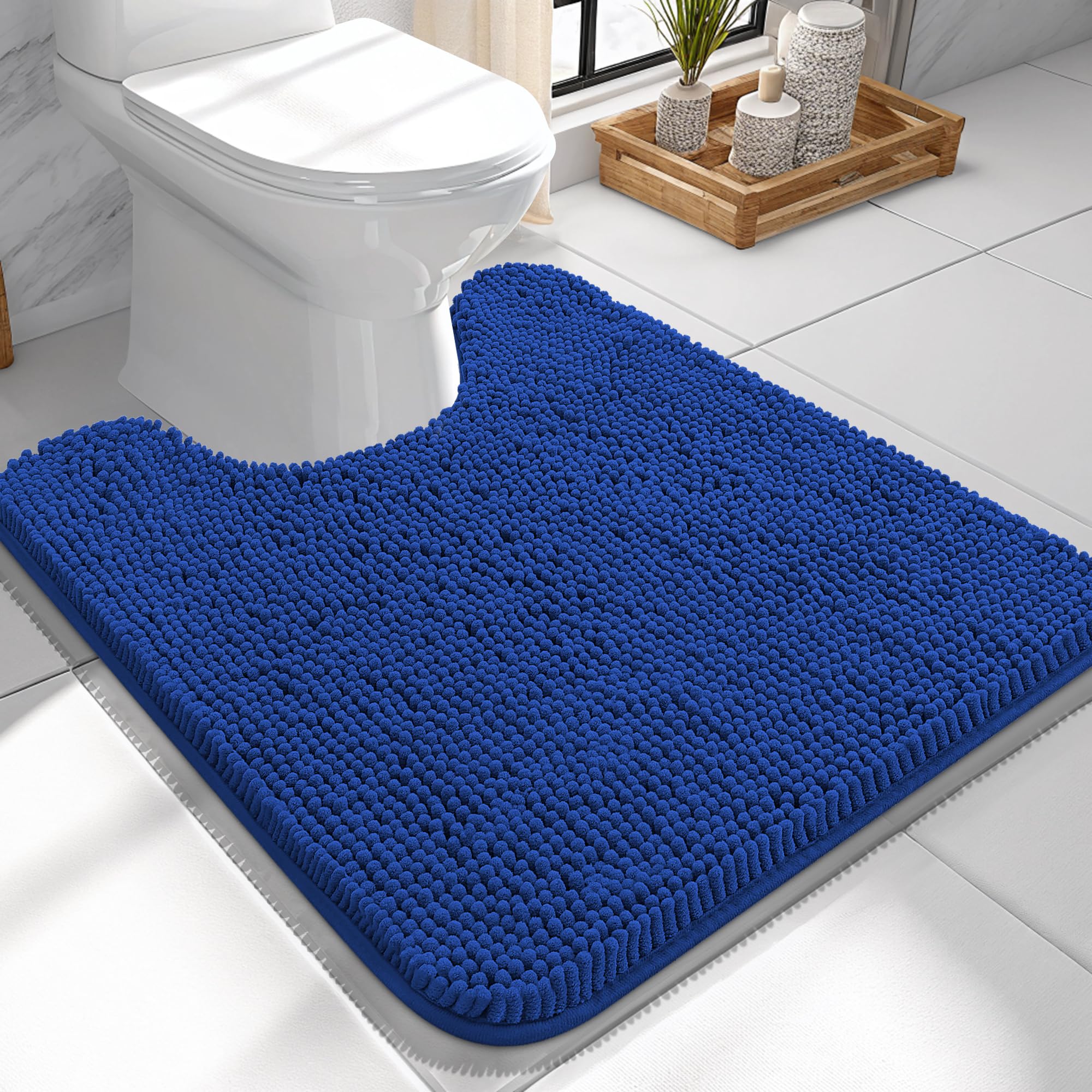 OLANLY Toilet Rugs U-Shaped 24x24, Soft Absorbent Chenille Contour Rugs | Royal Blue, Quick-Drying Rubber Backing, Machine Washable Non-Slip Shaggy Bathroom Mat for Toilet, Home Decor Accessories