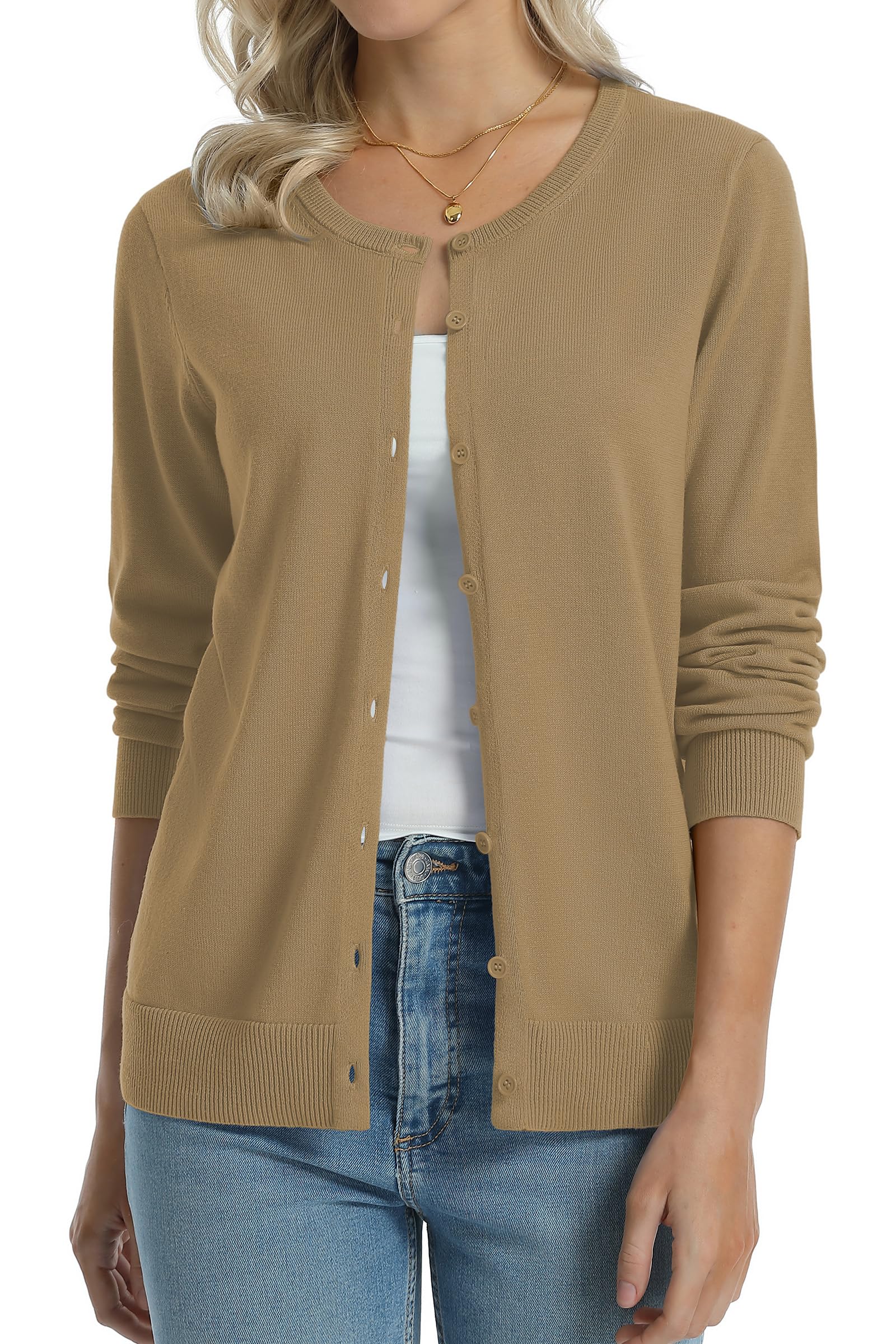 QUALFORT Women's 100% Cotton Lightweight Cardigans Long Sleeve Sweater