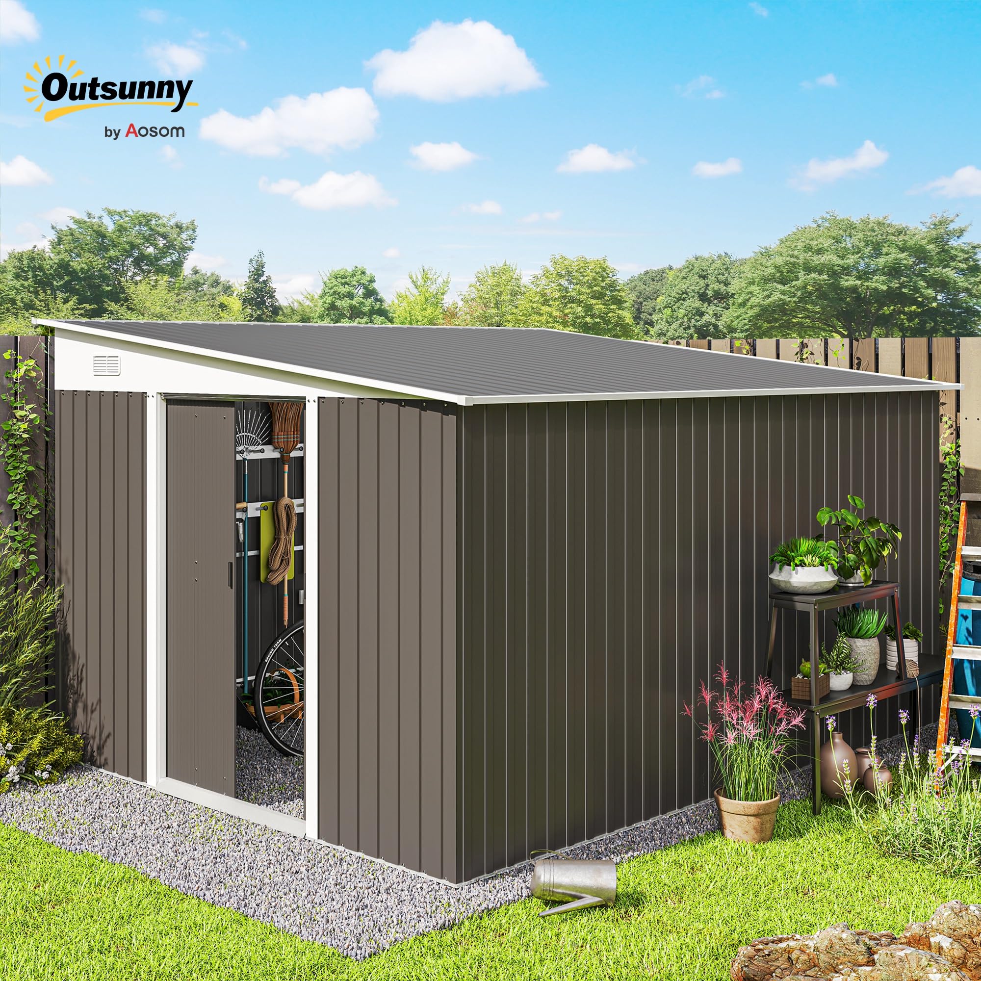 Outsunny Cobertizo de Jardín Exterior 8,9 m² 280x345x201 cm Gris | Caseta de Jardín Exterior Metálica, 2 Puertas Corredizas, 2 Ventanas, para Almacenamiento de Herramientas