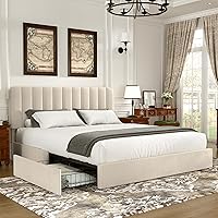 Vista 38 de VECELO - Base de cama tapizada de tamaño Queen con cabecera y 4 cajones, cama de plataforma de almacenamiento de terciopelo, soporte de listones