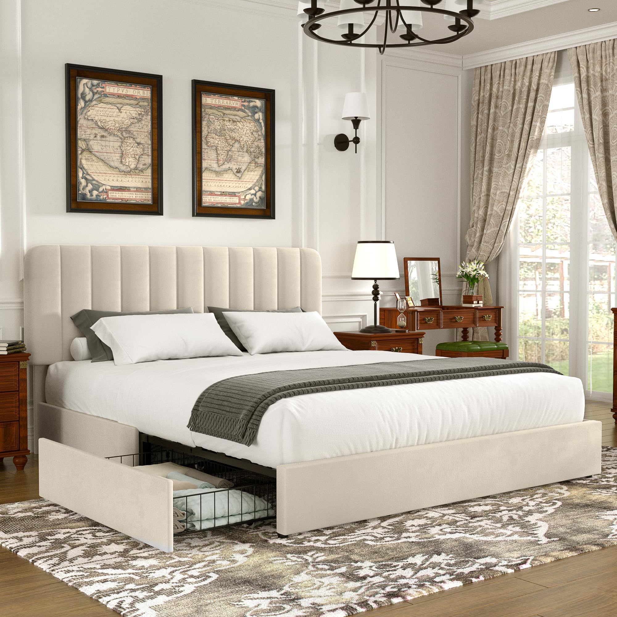 VECELO Queen Size Upholstered Bed Frame with 4 Drawers and Headboard, Velvet Platform Storage Bedframe, Wooden Slats Support, No Box Spring Needed,Bone Beige