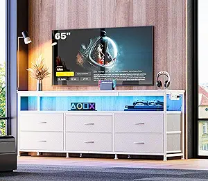 Huuger 63 Inch TV Stand for 55, 65, 70 Inch TV, Long Dresser TV Stand for Bedroom, White LED TV Stand with Power Outlets, Fabric Drawer Dresser with Storage, Entertainment Center for Living Room