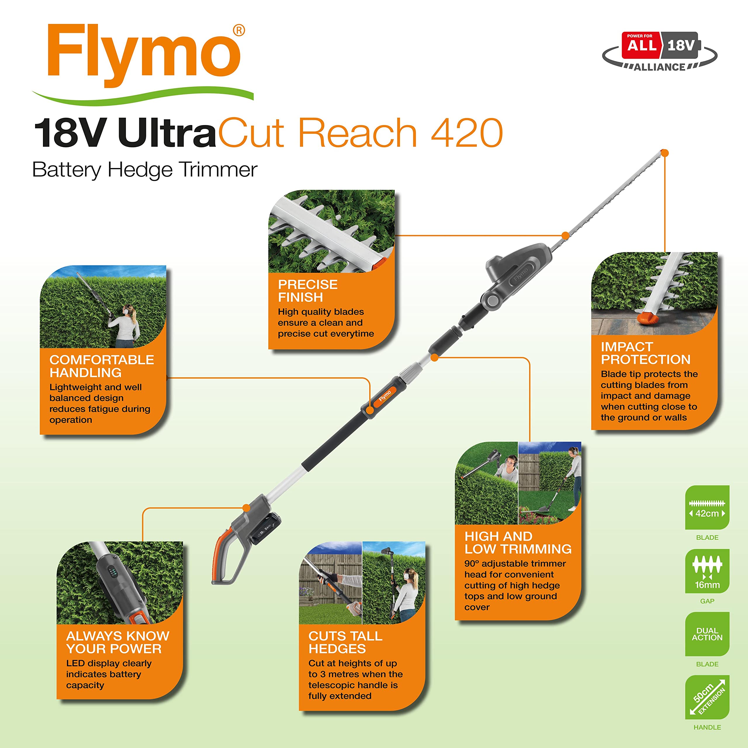 Flymo Recortasetos telescópico inalámbrico UltraCut Reach 420 de 18 V, sin batería, Corte de 42 cm con Alcance Extensible de 3 Metros, Cabezal Ajustable de 90°, Cuchillas, Power For All Alliance