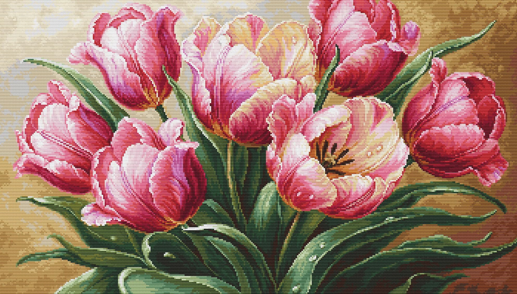 Luca-S Cross Stitch Kit Gold - Graceful Tulips, B718, Counted Cross Stitch Kit for Adults, Needlecraft and Embroidery Kit