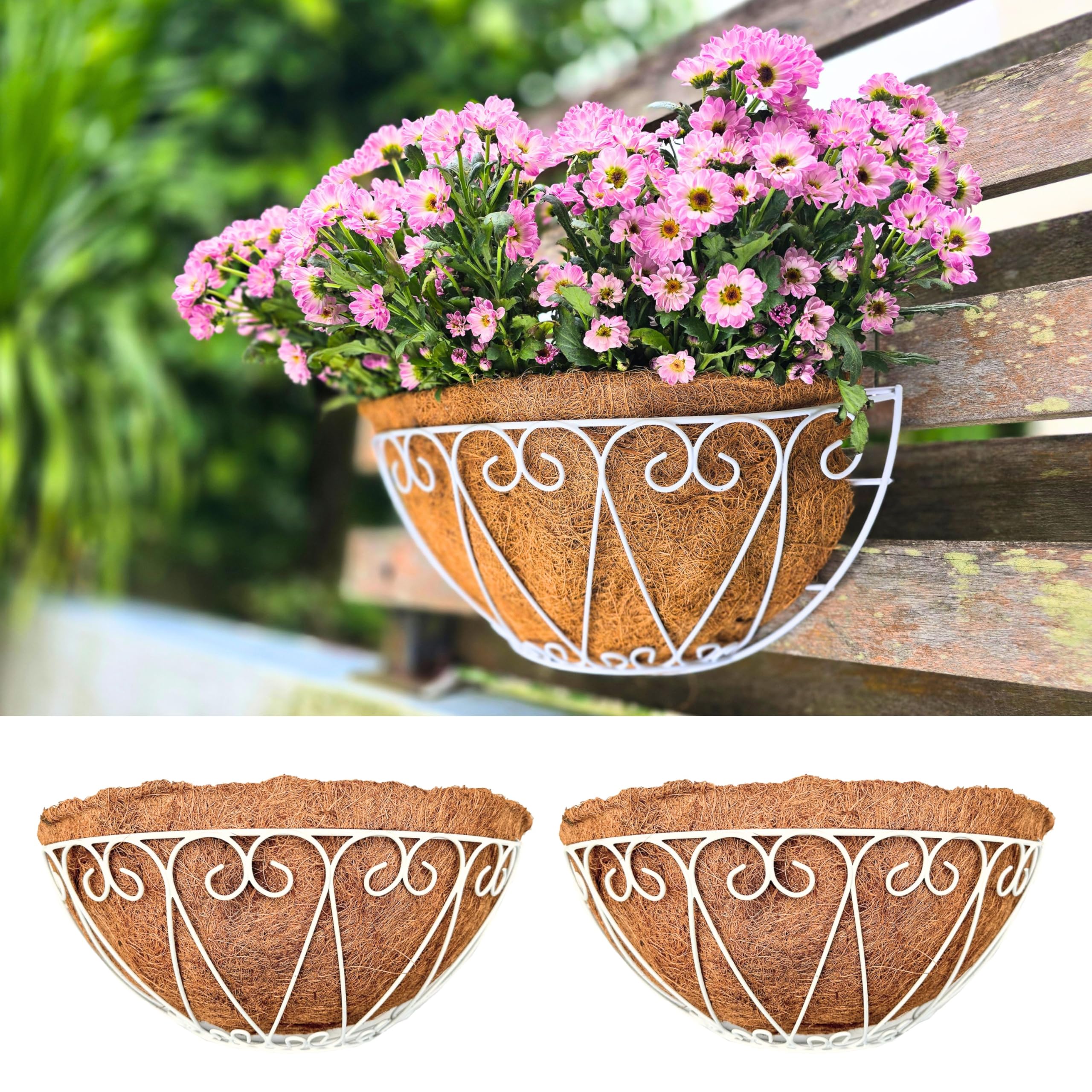 LaLaGreen Outdoor Wall Planters (2 Pack, 12 Inch) White Metal Wall Mounted Hanging Basket with Coco Liner, Flower Pot Plant Holder Semi-Circle Planter