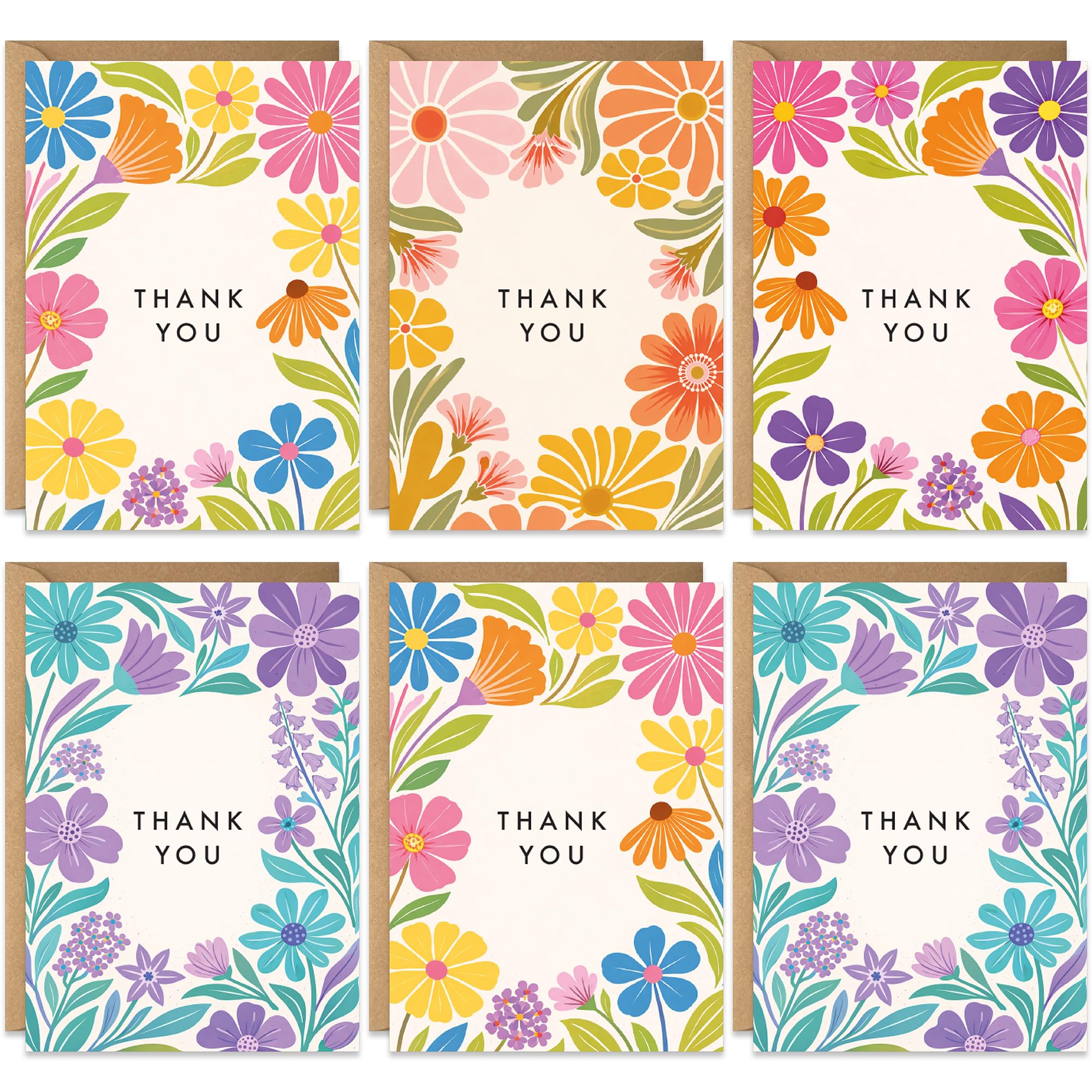 Bold Flower Print Thank You Cards with Envelopes, 20 Pack, Blank Greeting Sheets for Handwritten Message, Bulk Multipack Gift Set, Assorted Colourful Thank You Decor Notes, Eco-friendly