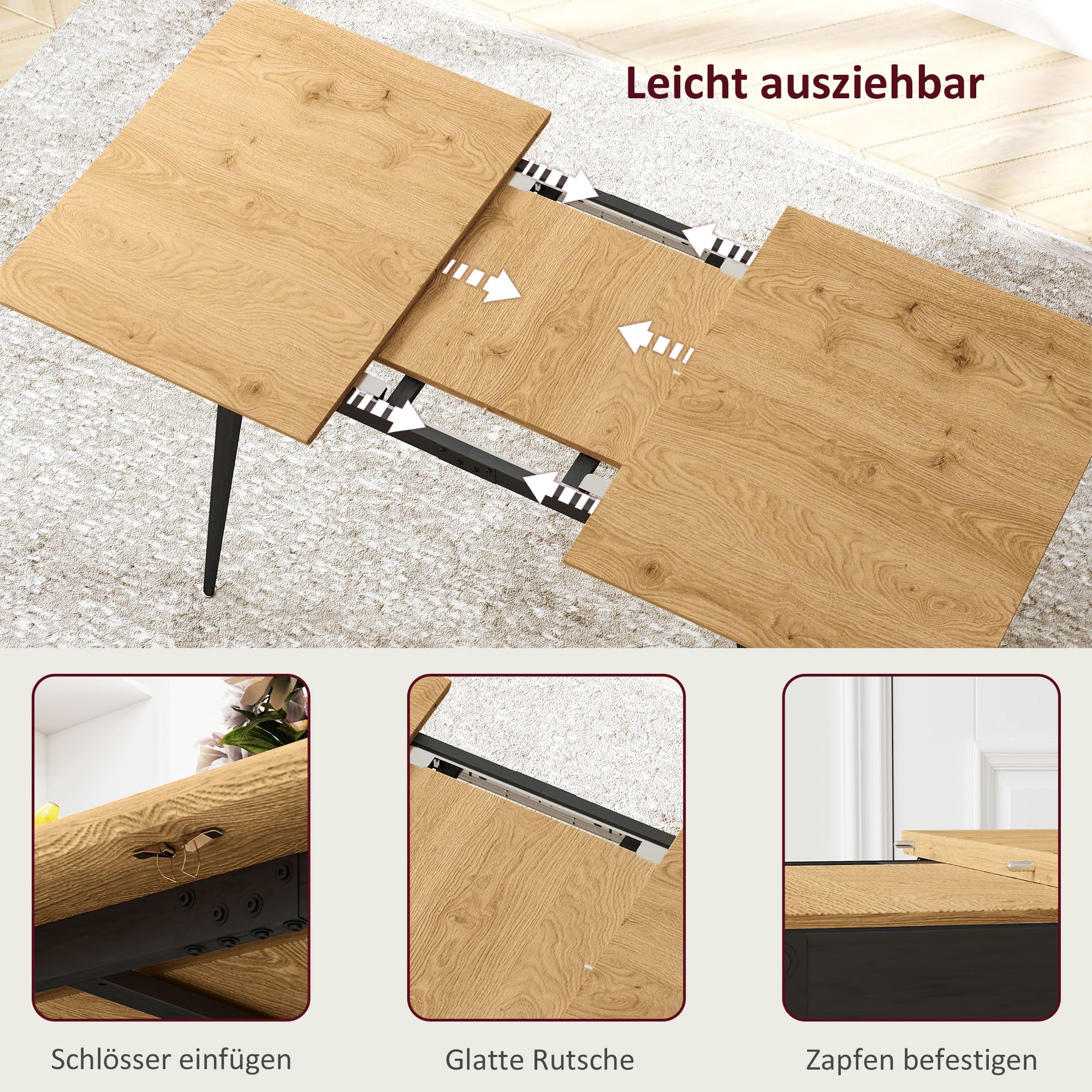 HOMCOM Esstisch ausziehbar rechteckig Küchentisch für 6-8 Personen mit Holzoptik, Schiebeschienen und Verriegelungen Esszimmertisch, Naturholz, 120-160 cm