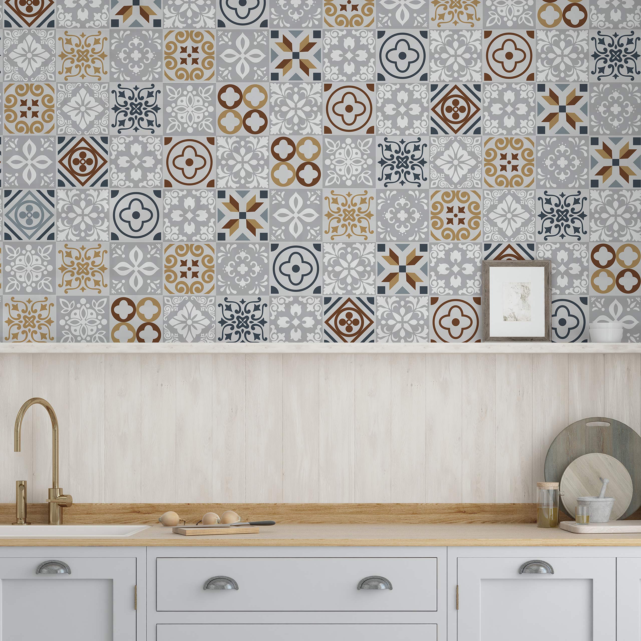 WALPLUS 15cm(6") 48 pcs Tile Stickers Grigio Mediterrranean Tiles Peel and Stick Backsplash Self-Adhesive Decals Vinyl Home Decor DIY Splashback for Kitchen Bathroom Tile Paint Stick on Tiles Transfer