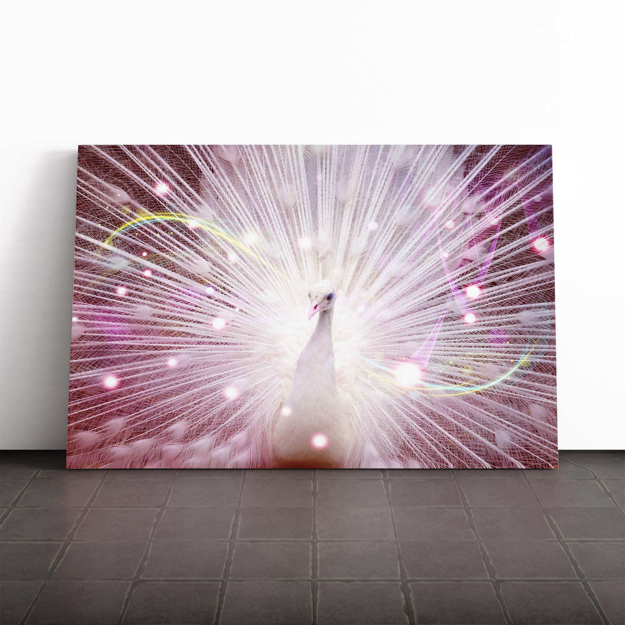 White Peacock Bird Canvas Print | Gallery Wrapped 30mm Frame Wall Art | 20x14 inches | Ready to Hang | Modern Animals Picture | Living Room Bedroom Lounge Office